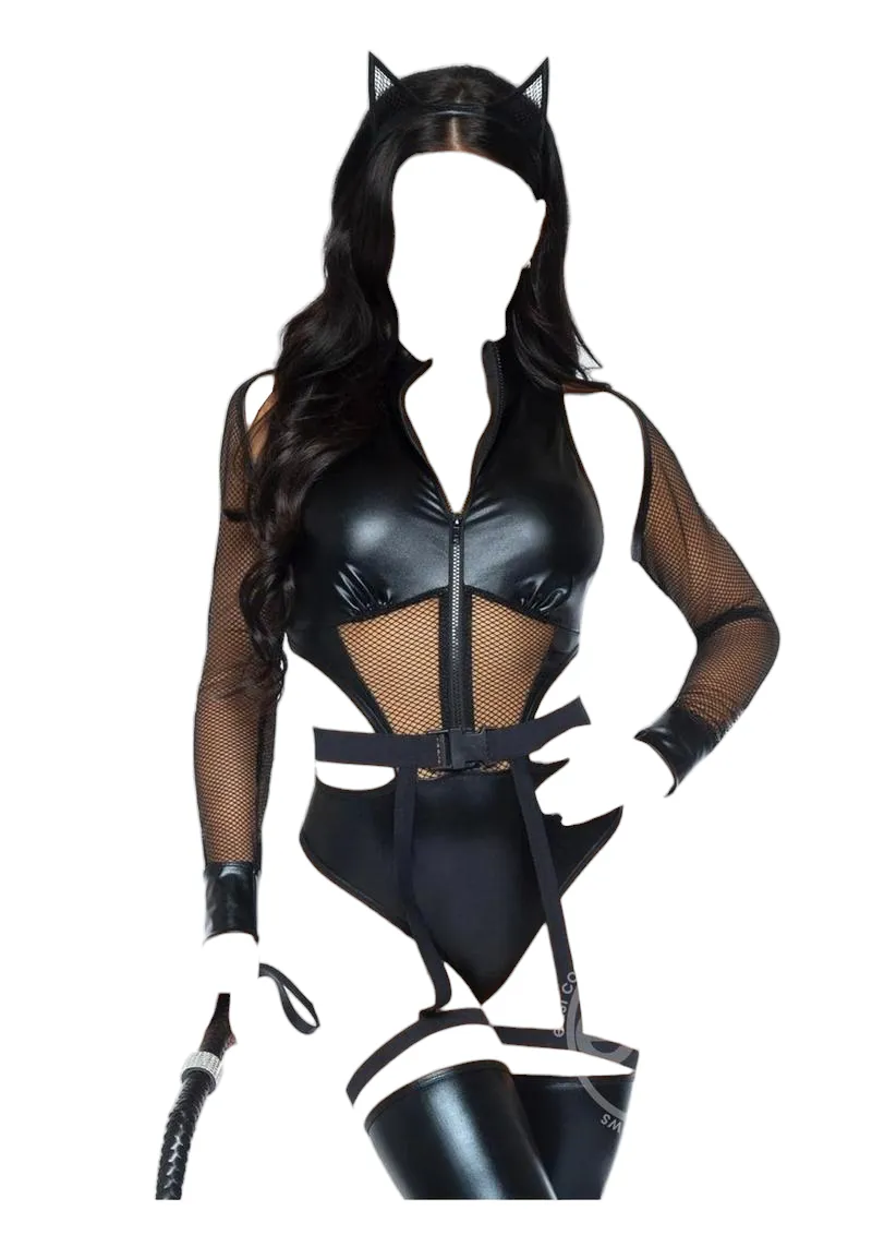 Leg Avenue 3 PC Criminal Kitty Cut-Out Zip Up Wetlook Bodysuit with Snap Crotch & Garter Black