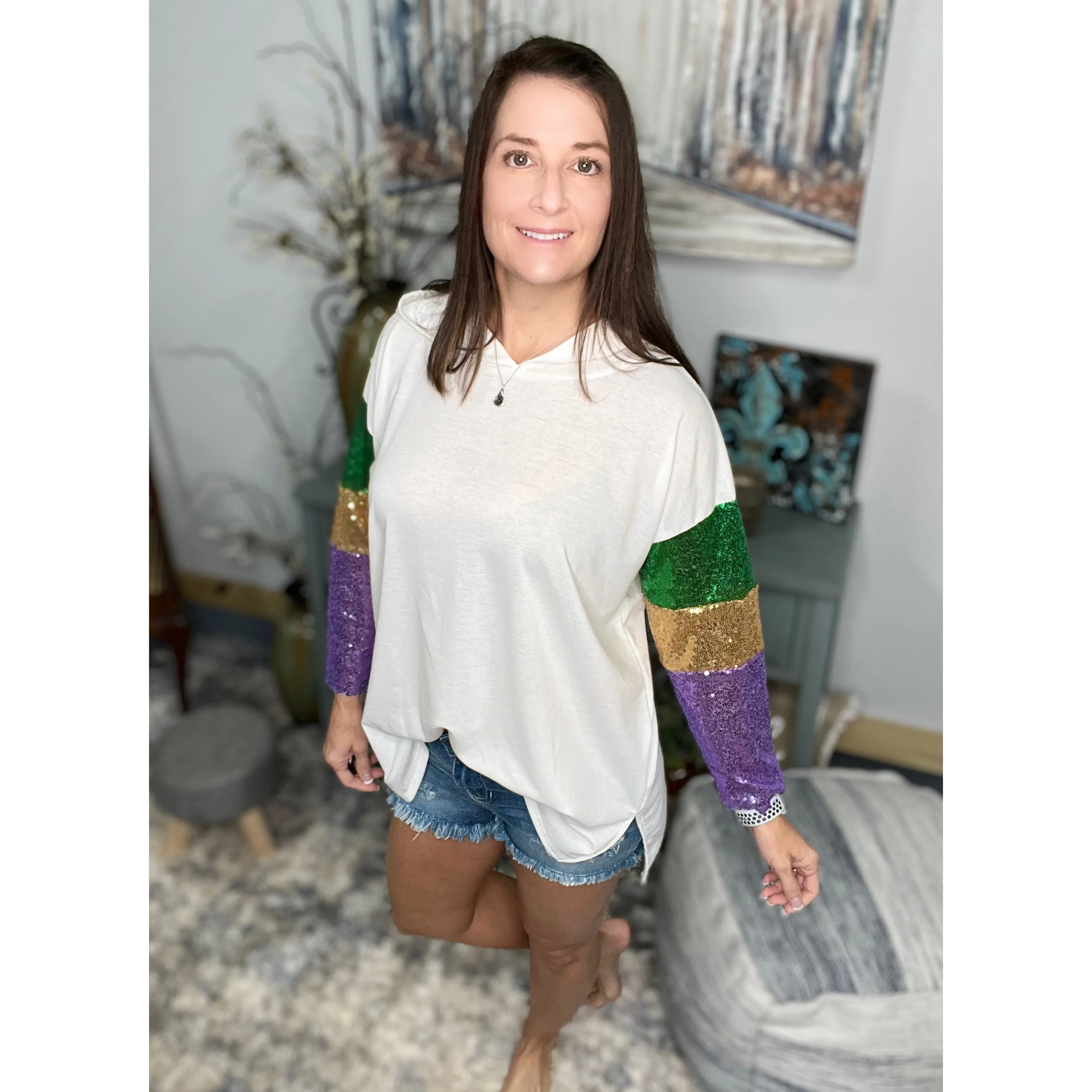 “Life of the Mardi” Mardi Gras Sequined Hoodie Shirt Parade Purple Green & Gold Ivory