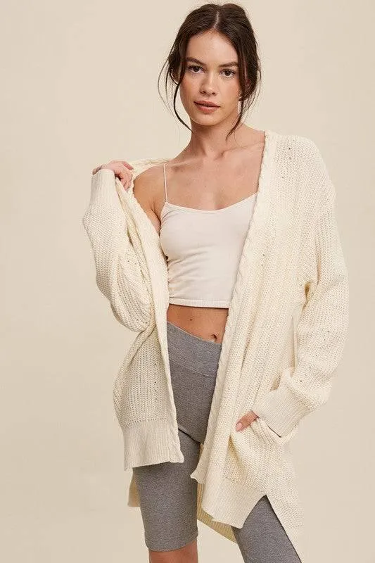 Listicle cable knit open cardigan