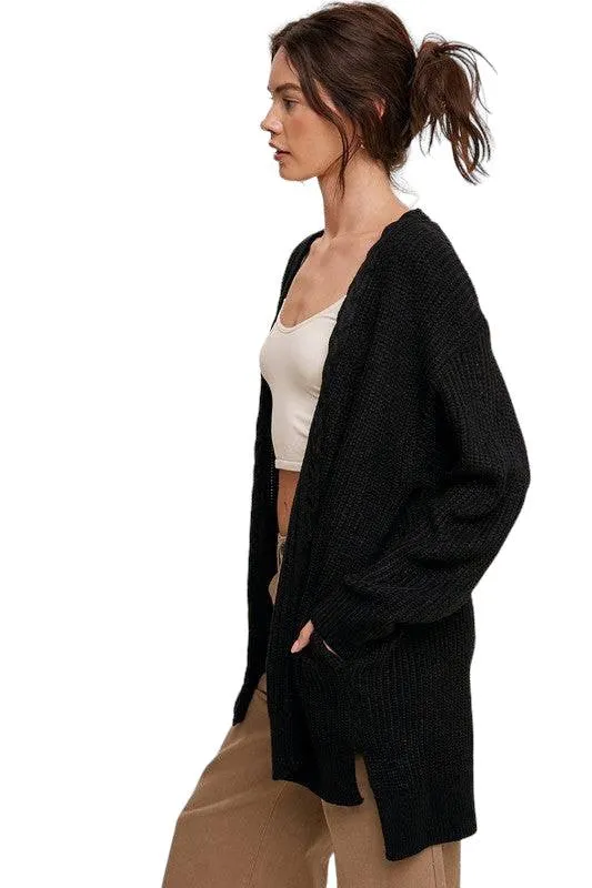 Listicle cable knit open cardigan