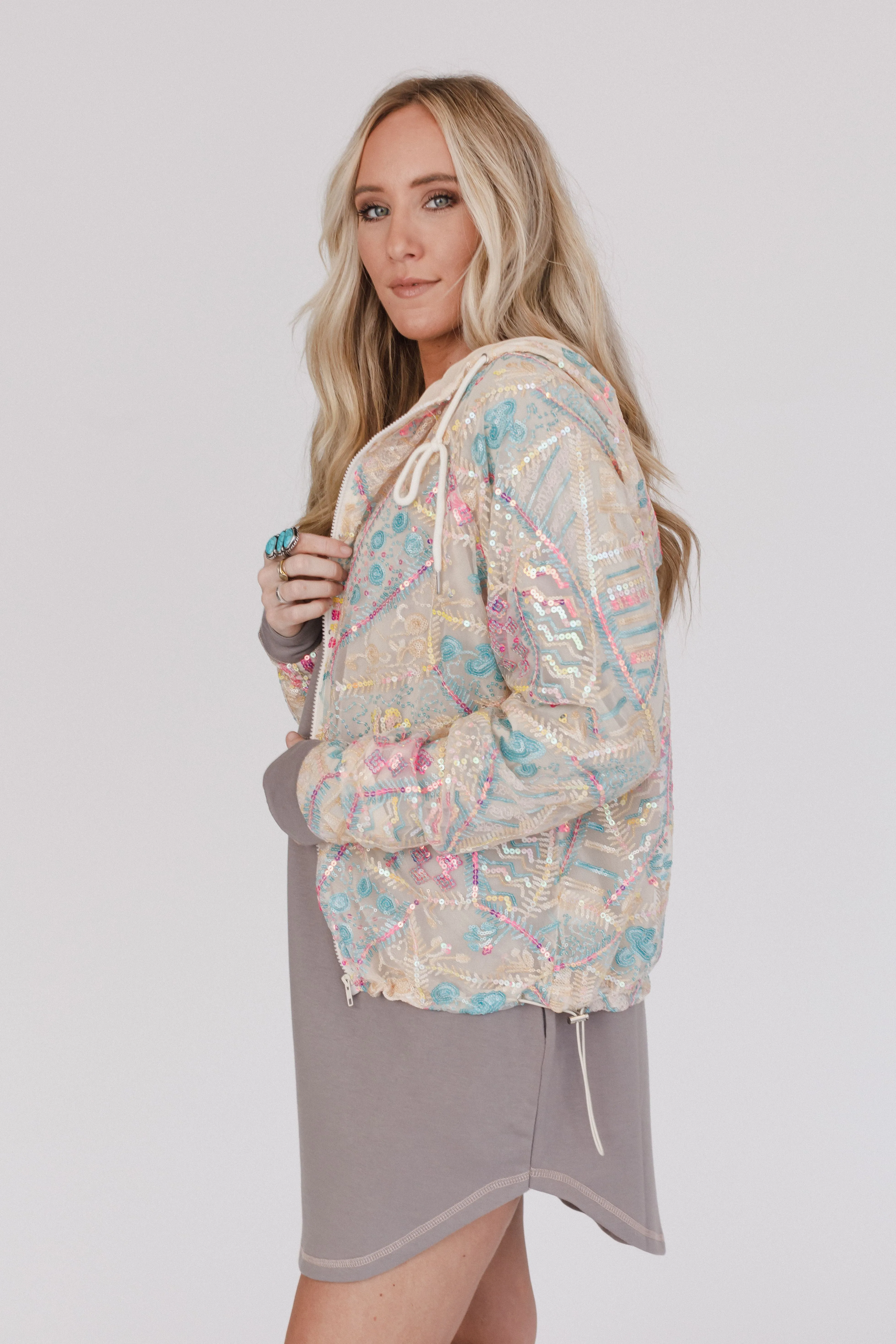 Living It Up Sequin Hoodie Jacket - Apricot