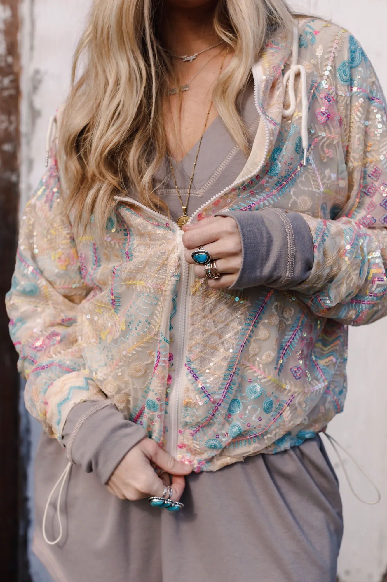 Living It Up Sequin Hoodie Jacket - Apricot