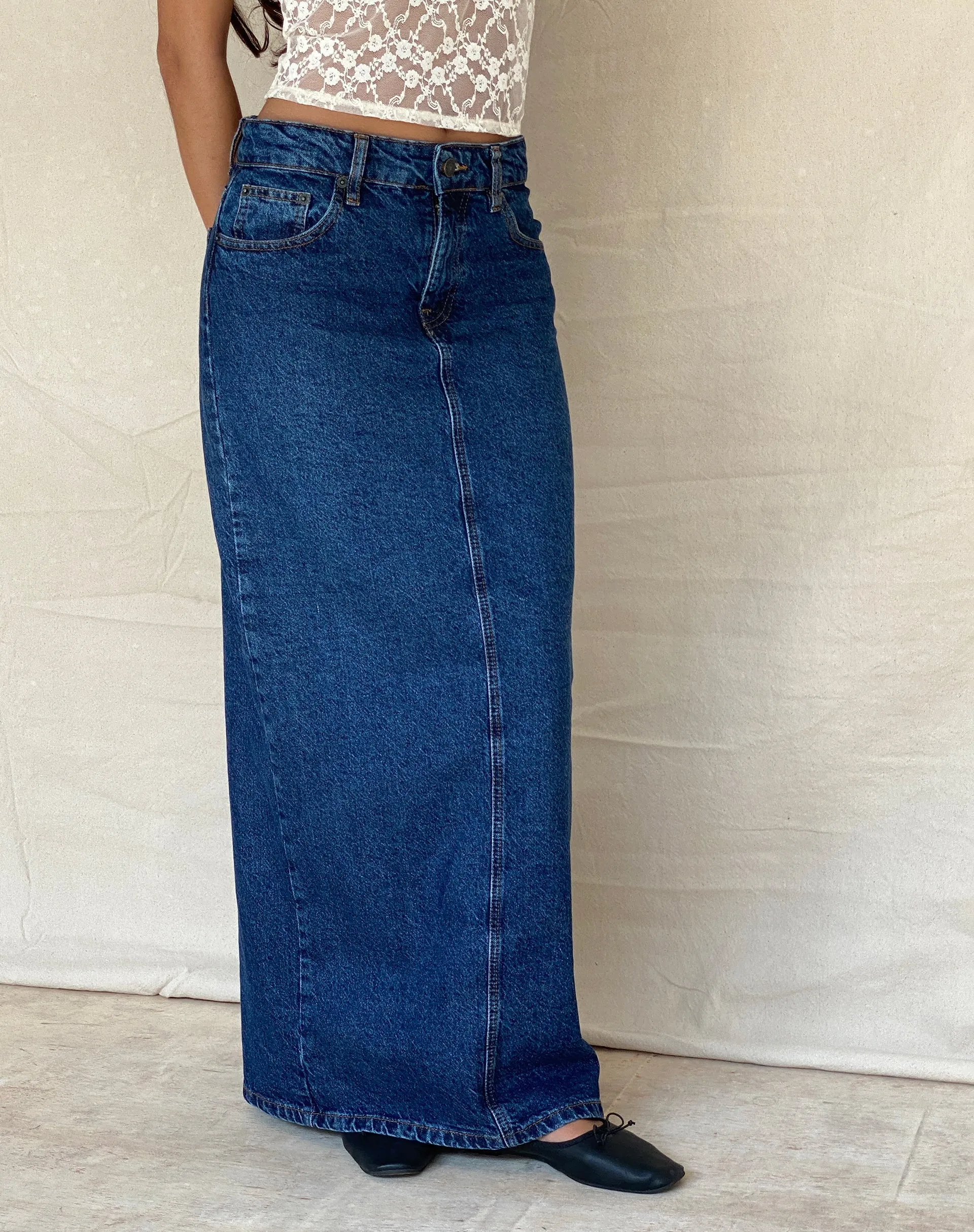 Low Rise Denim Maxi Skirt in Mid Blue Used