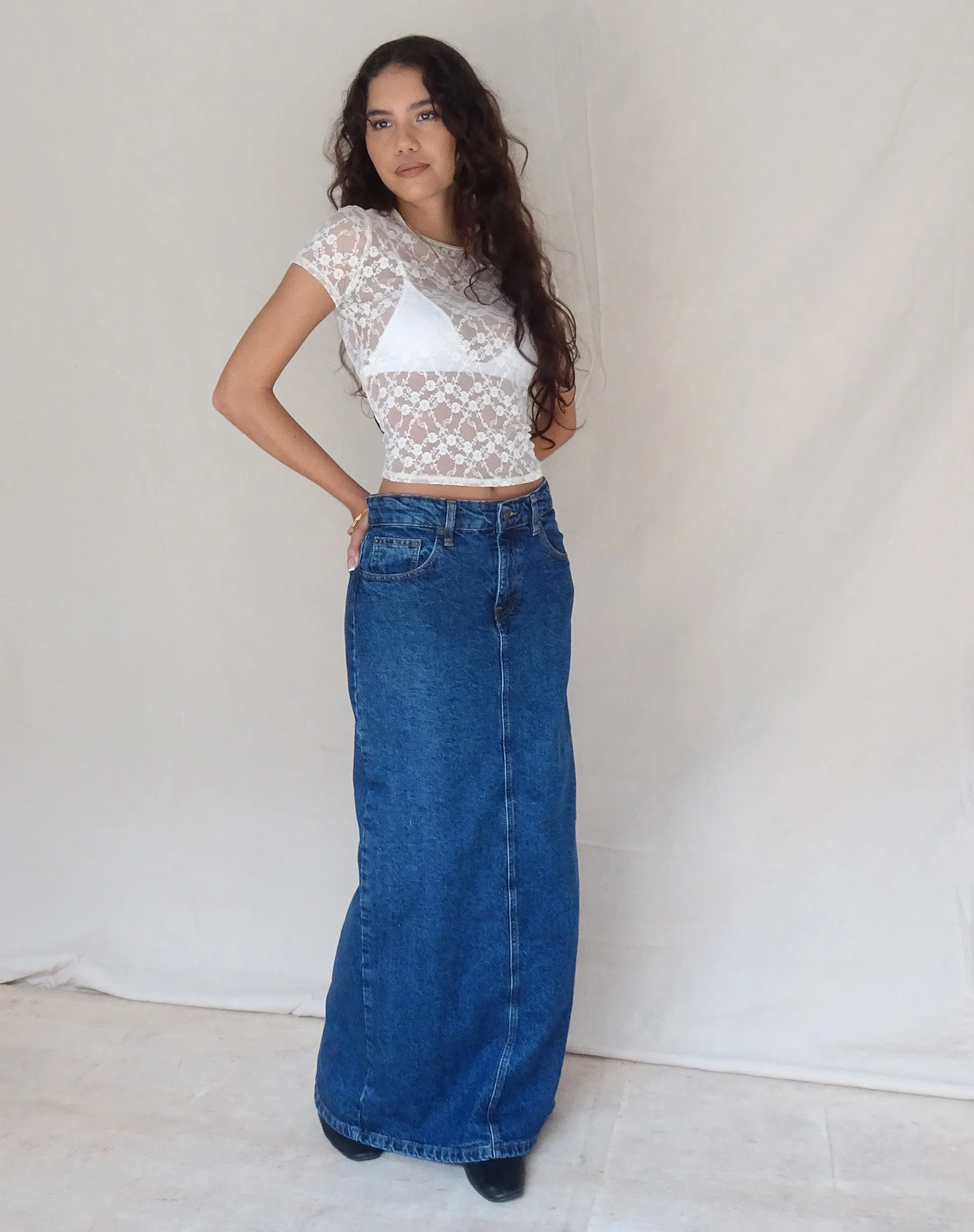 Low Rise Denim Maxi Skirt in Mid Blue Used