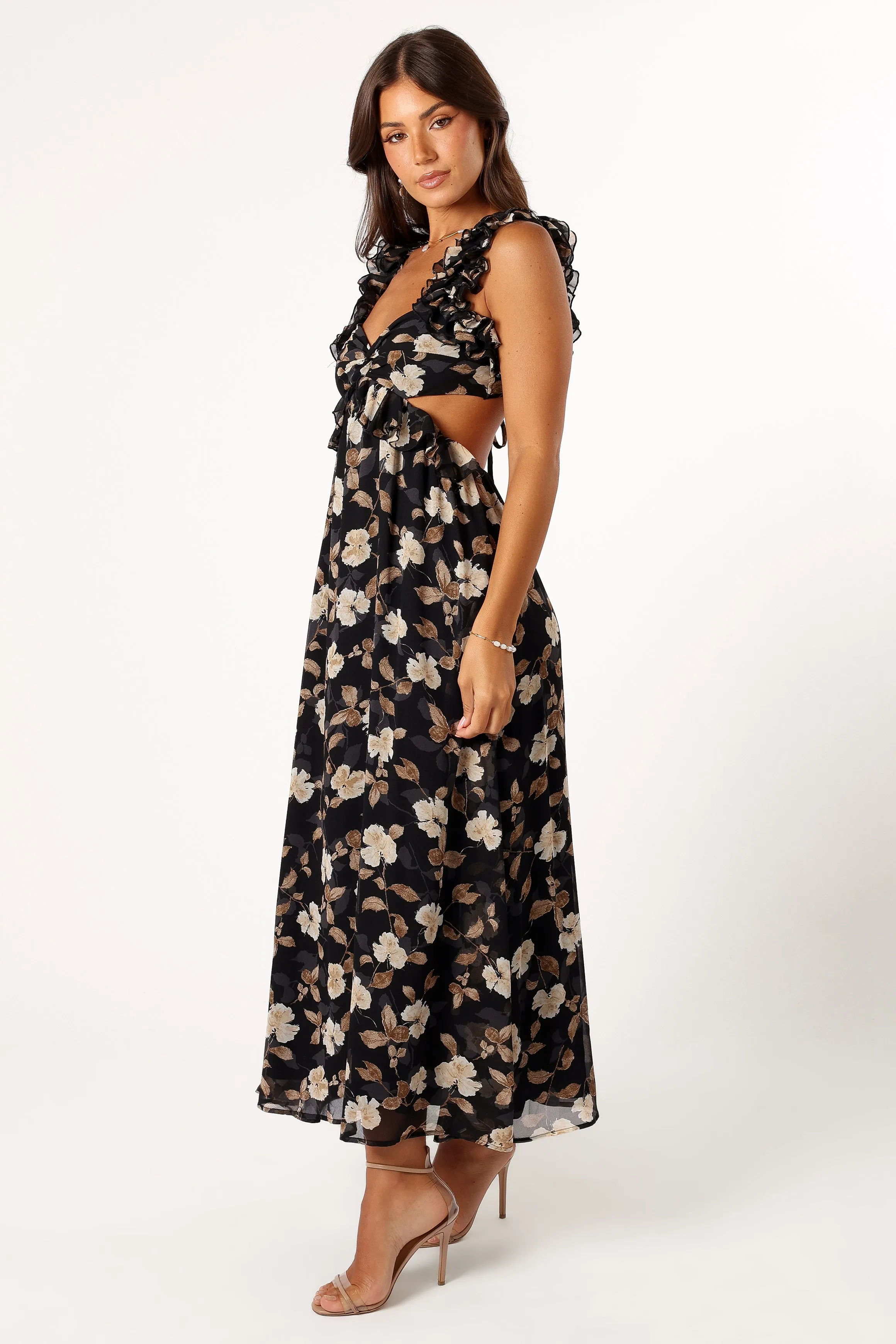 Lucah Frill Shoulder Maxi Dress - Black Floral