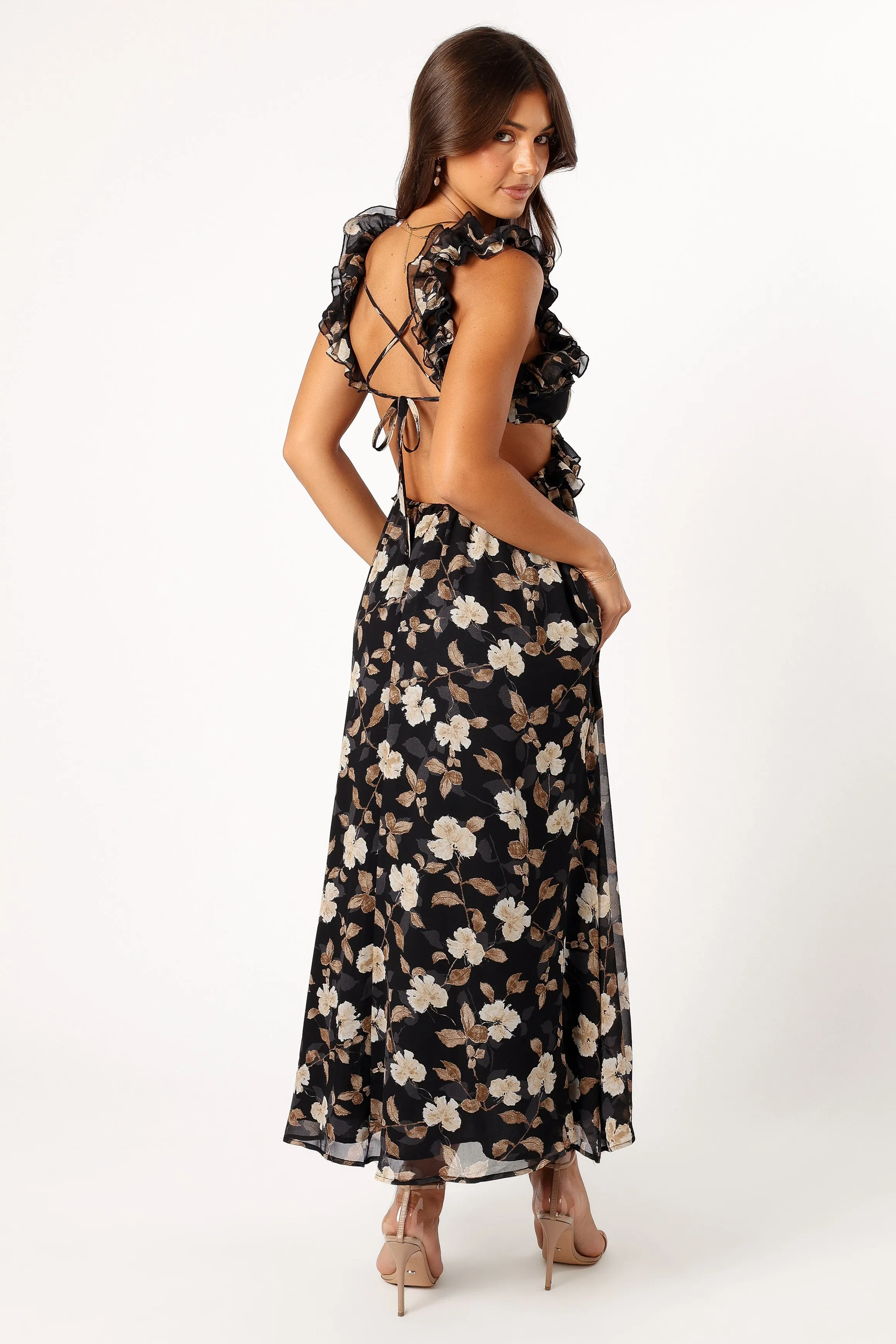 Lucah Frill Shoulder Maxi Dress - Black Floral