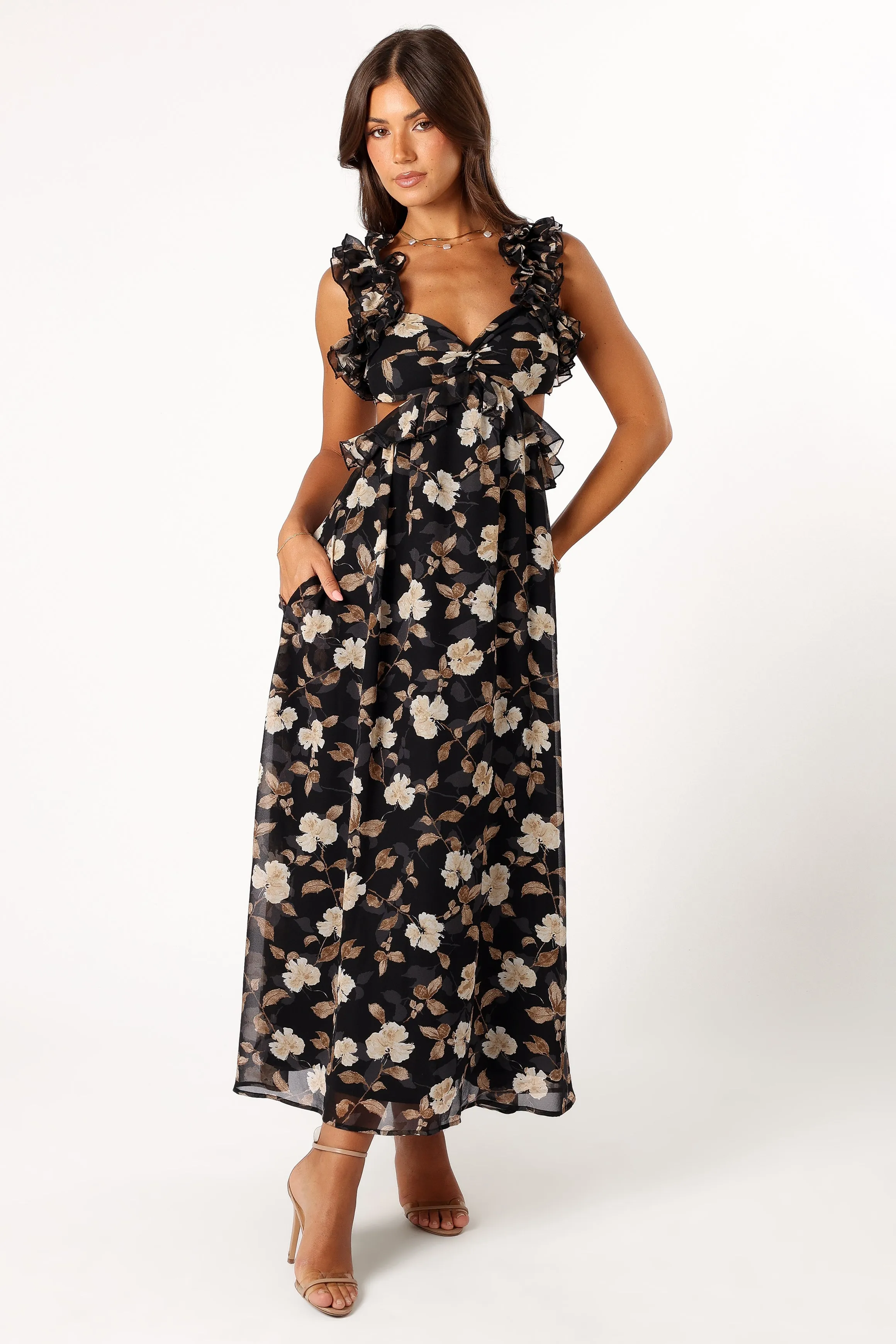 Lucah Frill Shoulder Maxi Dress - Black Floral