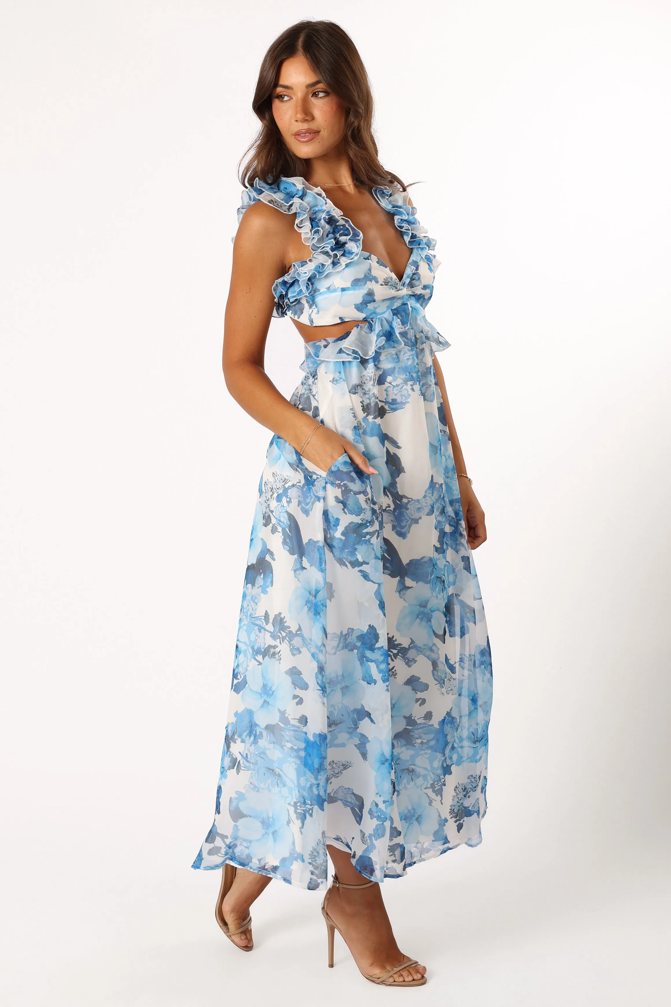 Lucah Frill Shoulder Maxi Dress - Blue White Floral