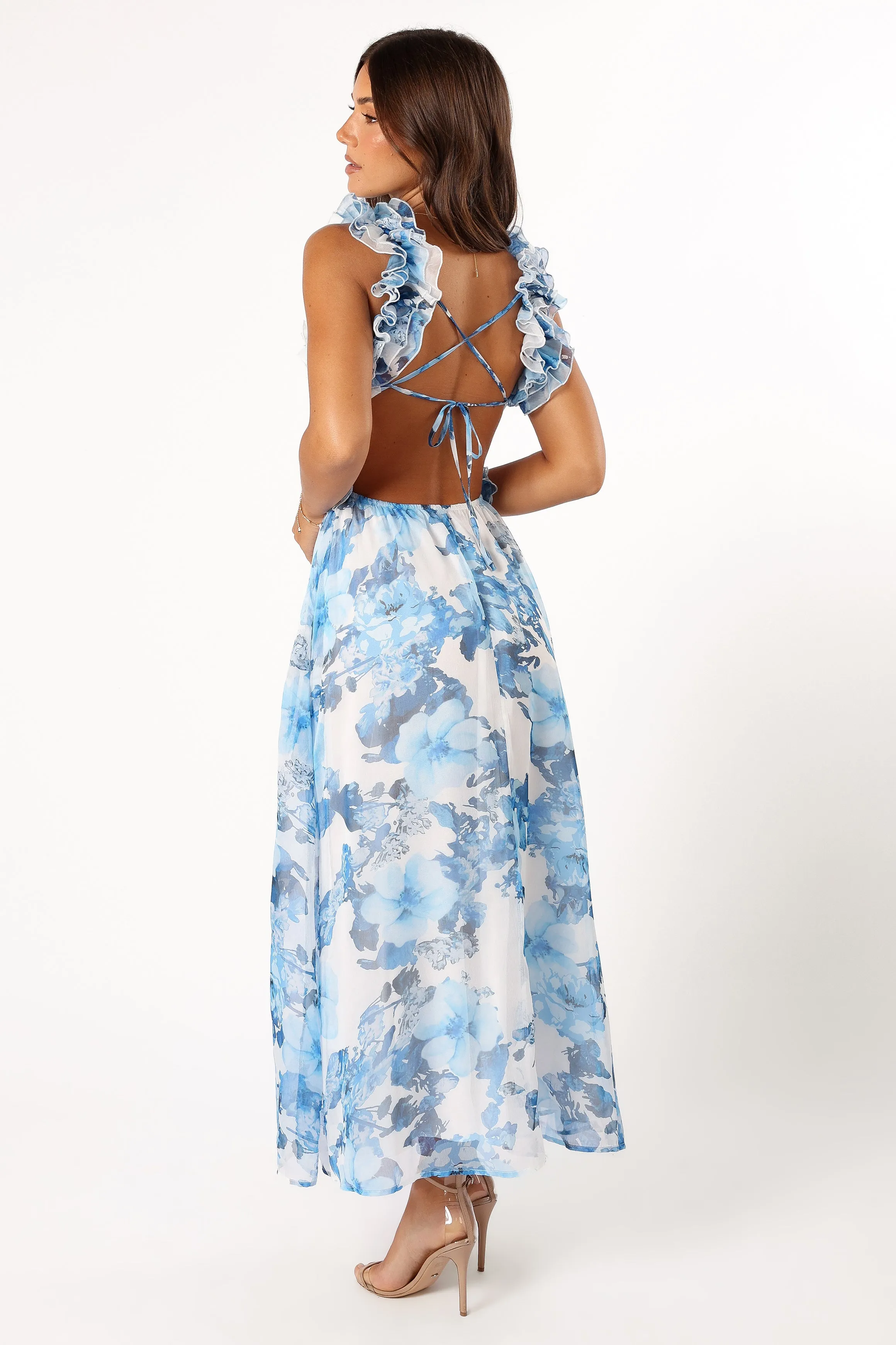 Lucah Frill Shoulder Maxi Dress - Blue White Floral