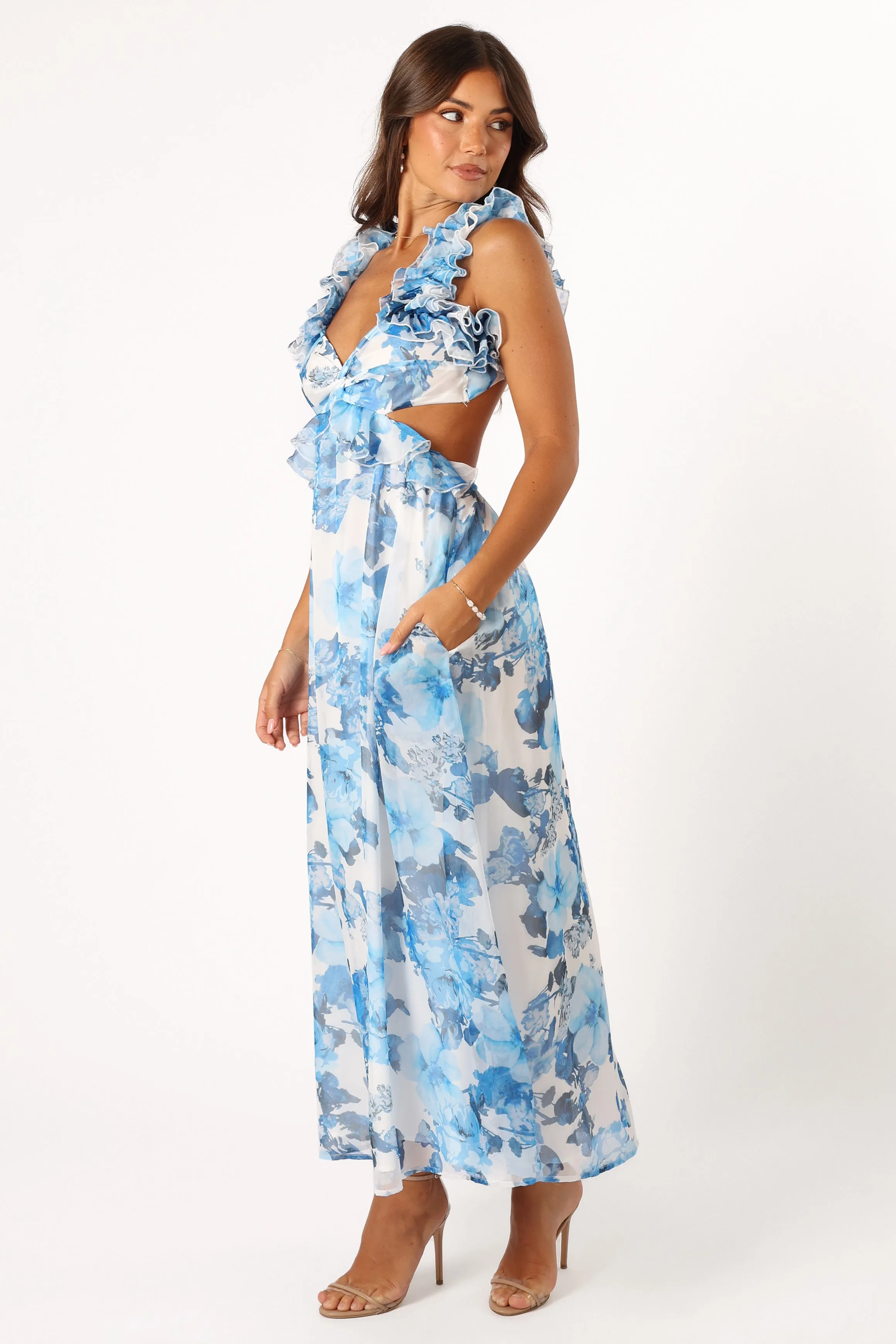 Lucah Frill Shoulder Maxi Dress - Blue White Floral