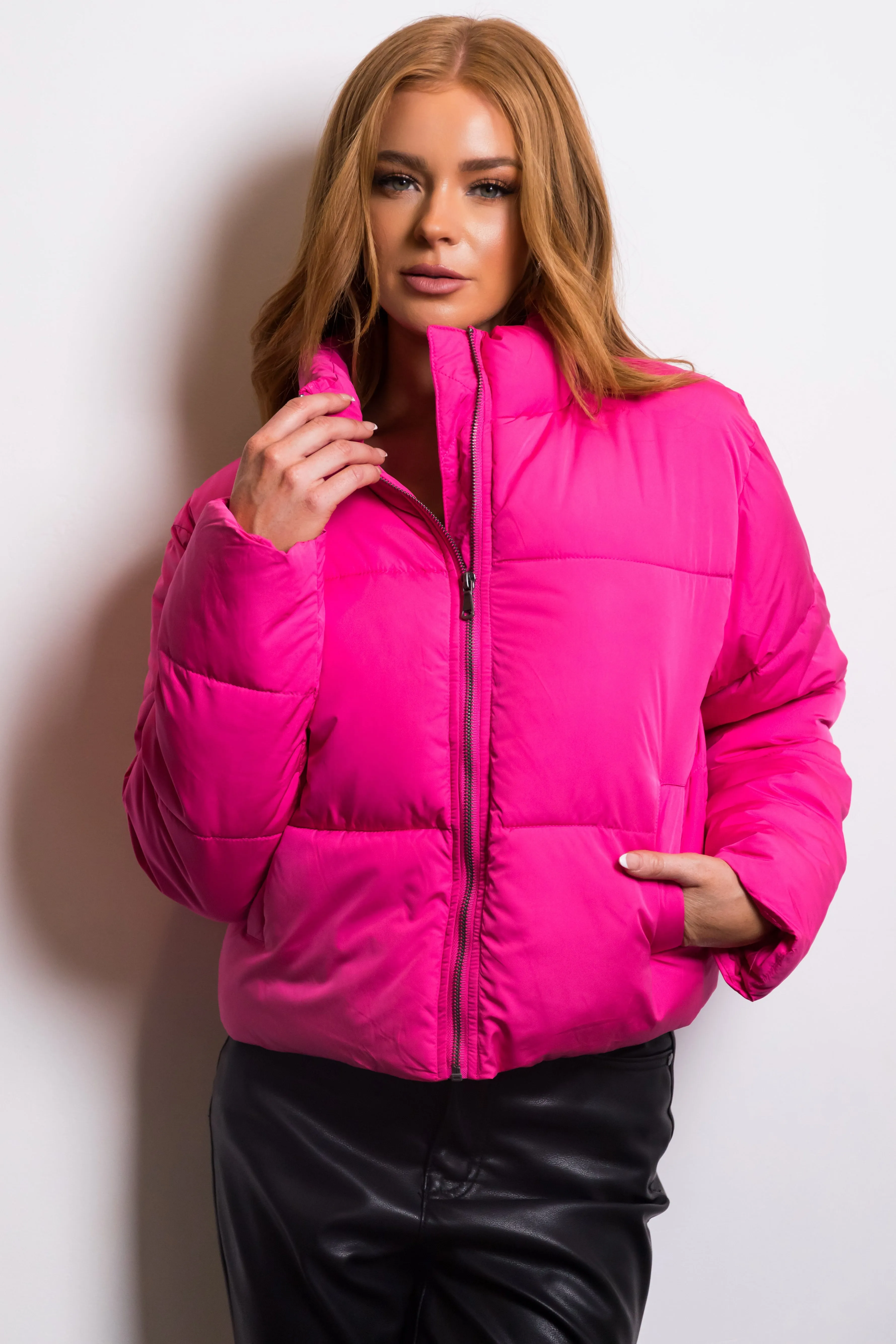 Magenta Zip Up Quilted Puffer Jacket