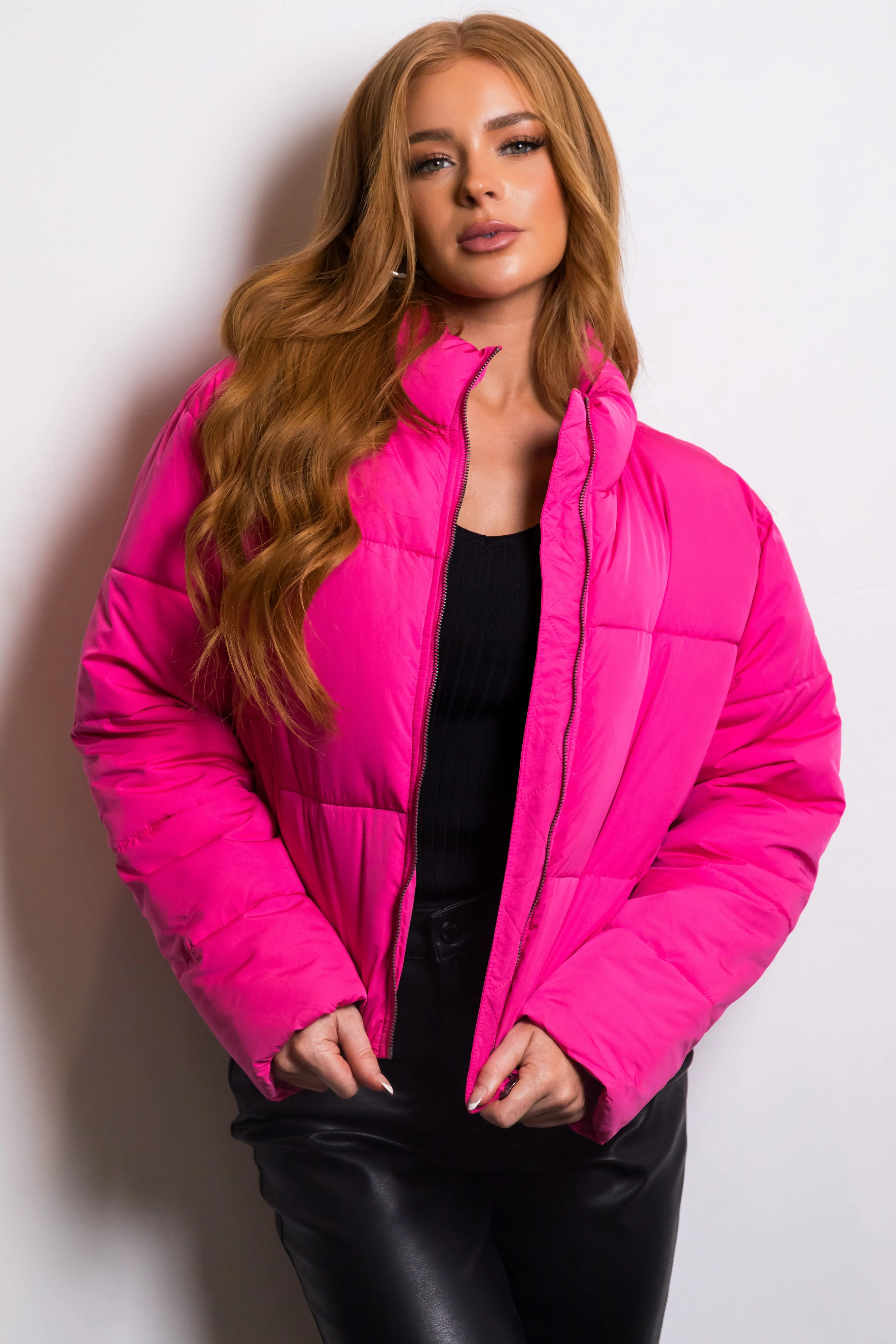 Magenta Zip Up Quilted Puffer Jacket