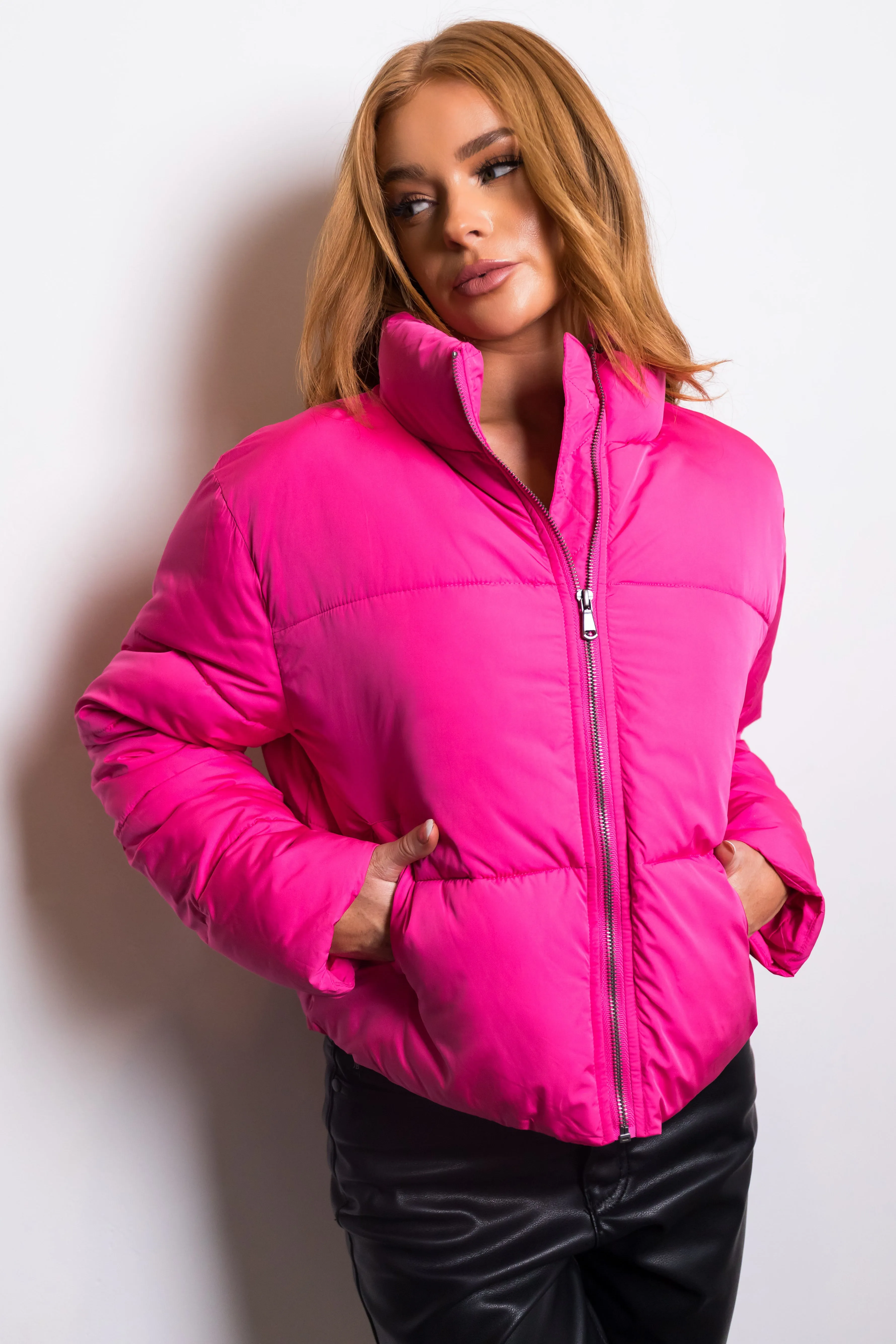 Magenta Zip Up Quilted Puffer Jacket