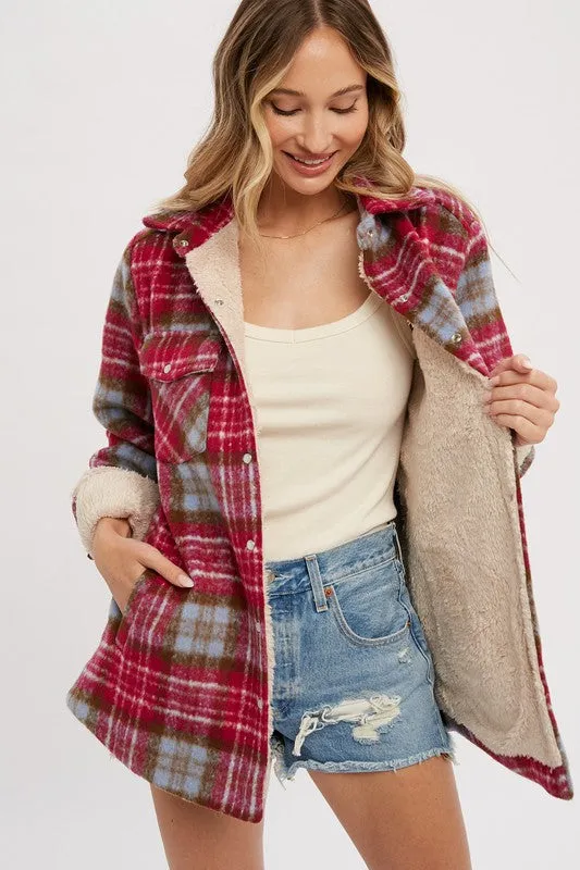 Magenta/Brown Brushed Flannel Sherpa-lined Jacket