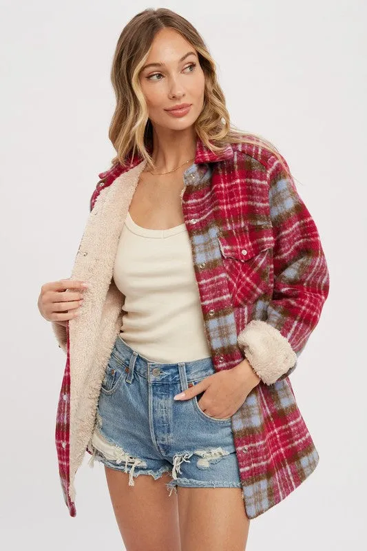 Magenta/Brown Brushed Flannel Sherpa-lined Jacket