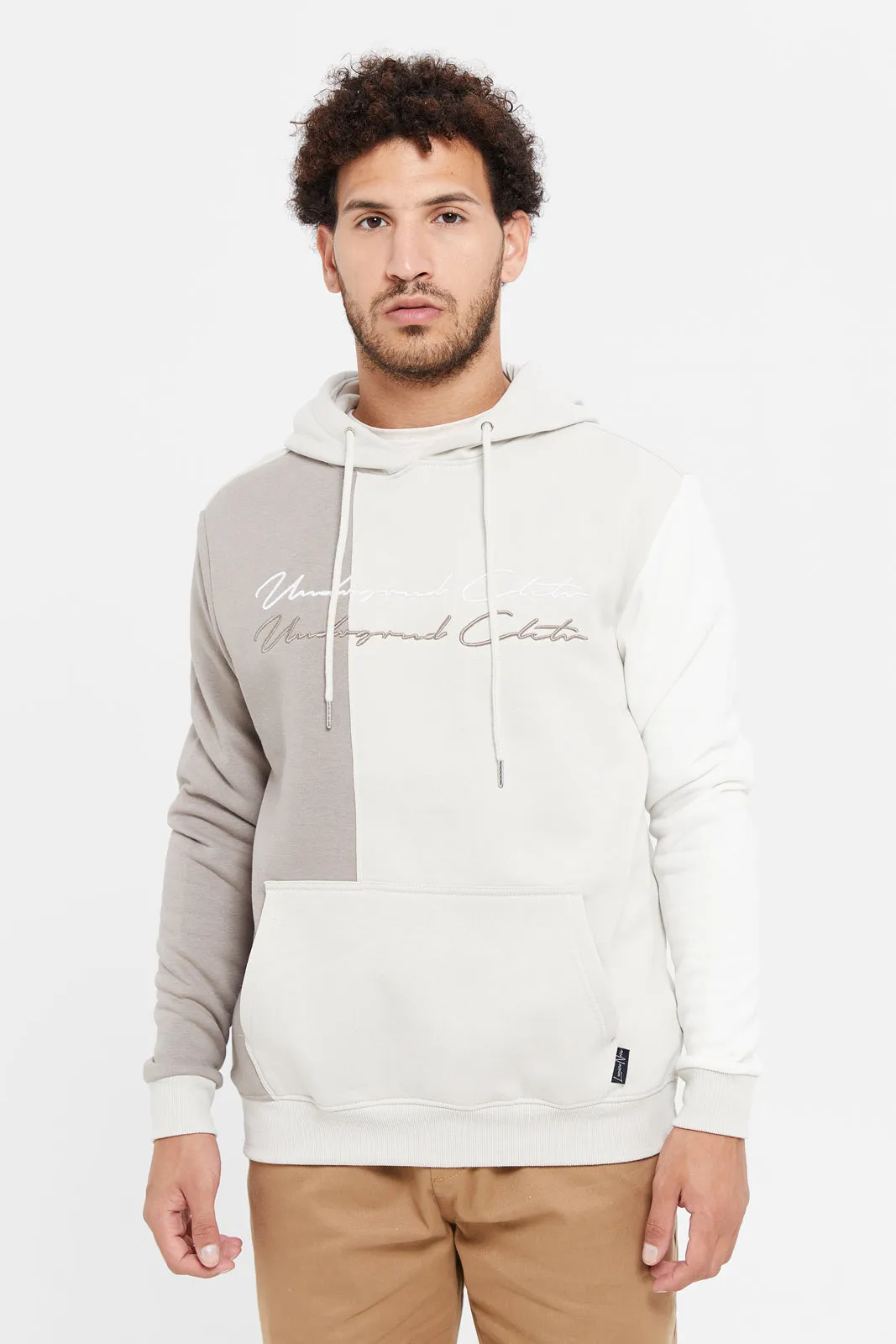 Men Beige 3D Embroidery Hoodie