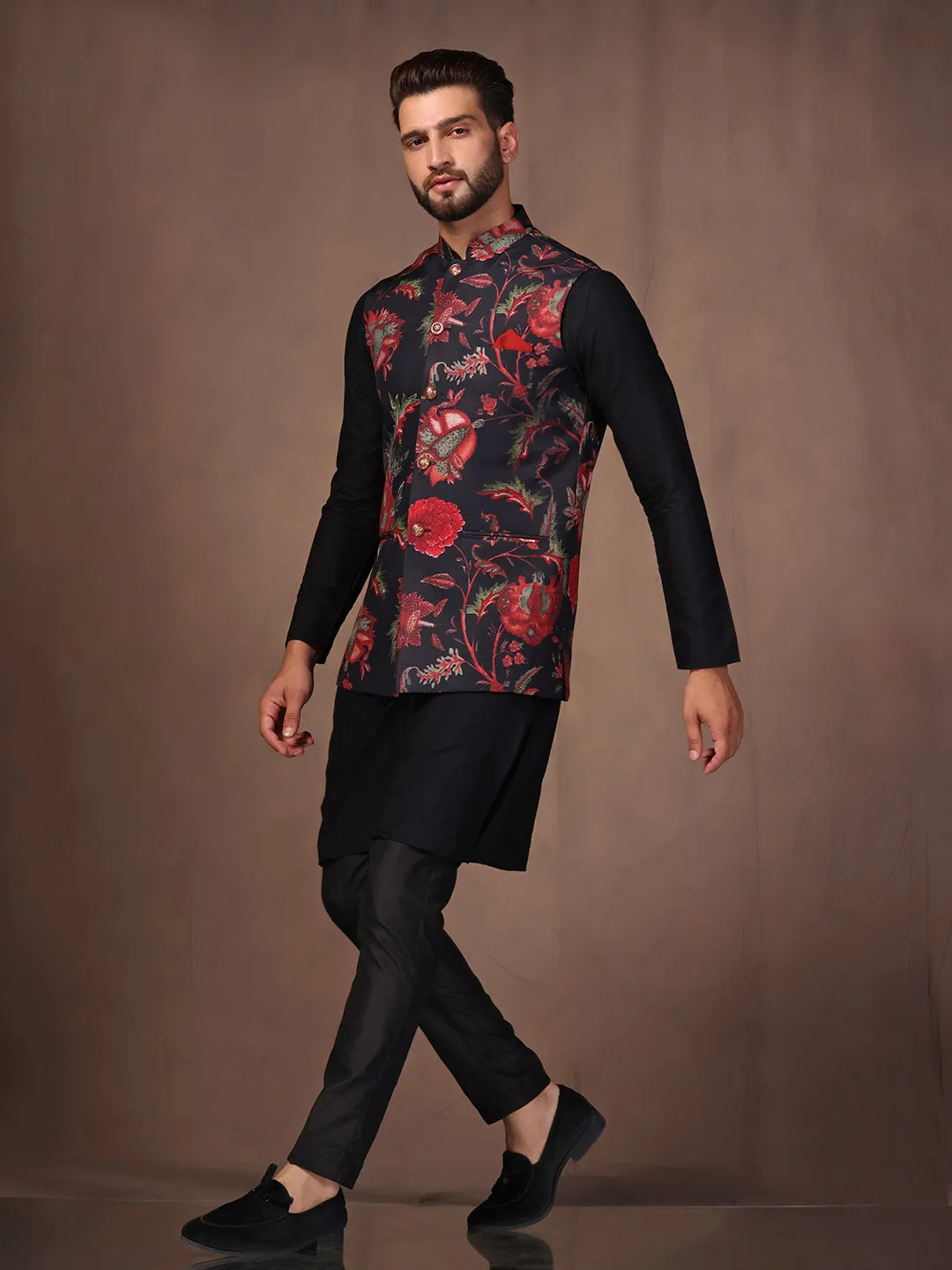 Men Black Kurta Jacket Trouser Set