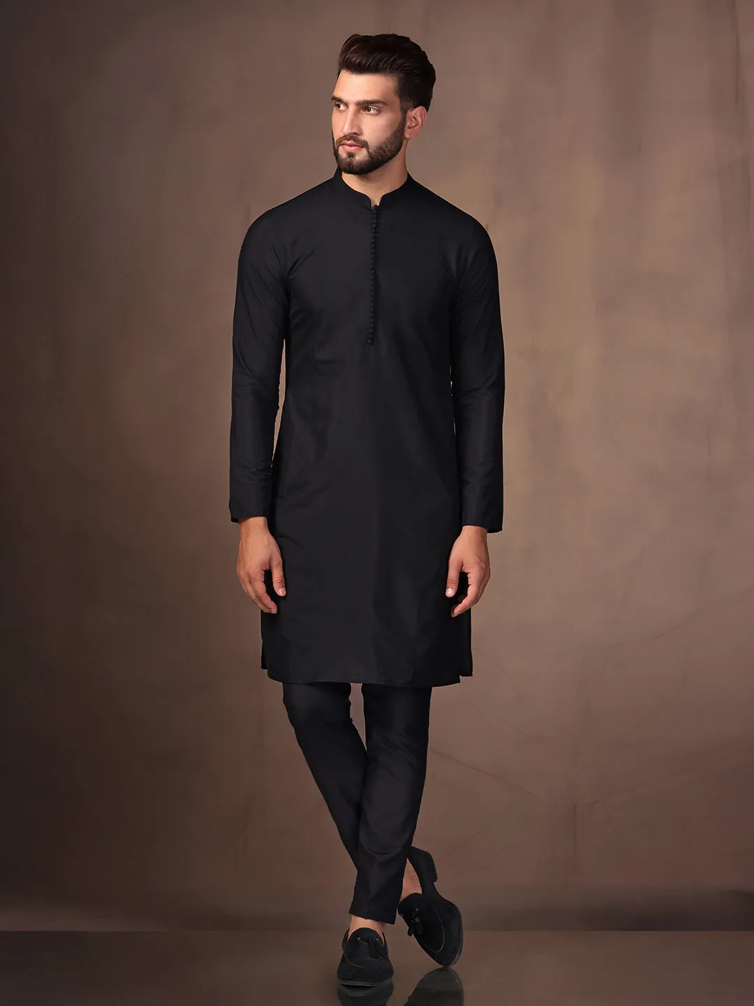 Men Black Kurta Jacket Trouser Set