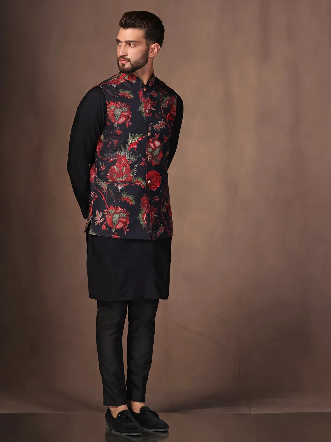 Men Black Kurta Jacket Trouser Set