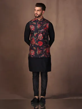 Men Black Kurta Jacket Trouser Set