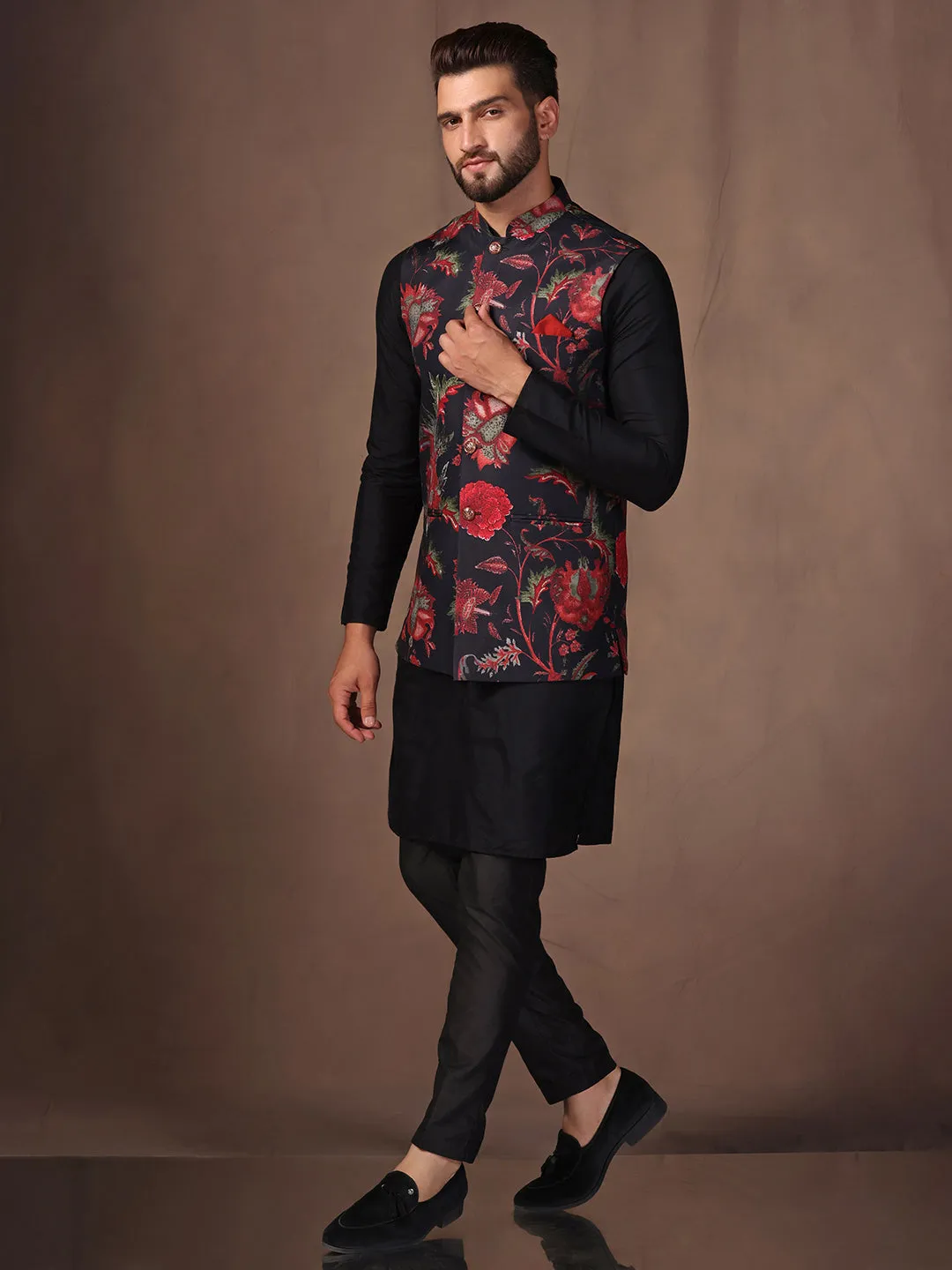 Men Black Kurta Jacket Trouser Set