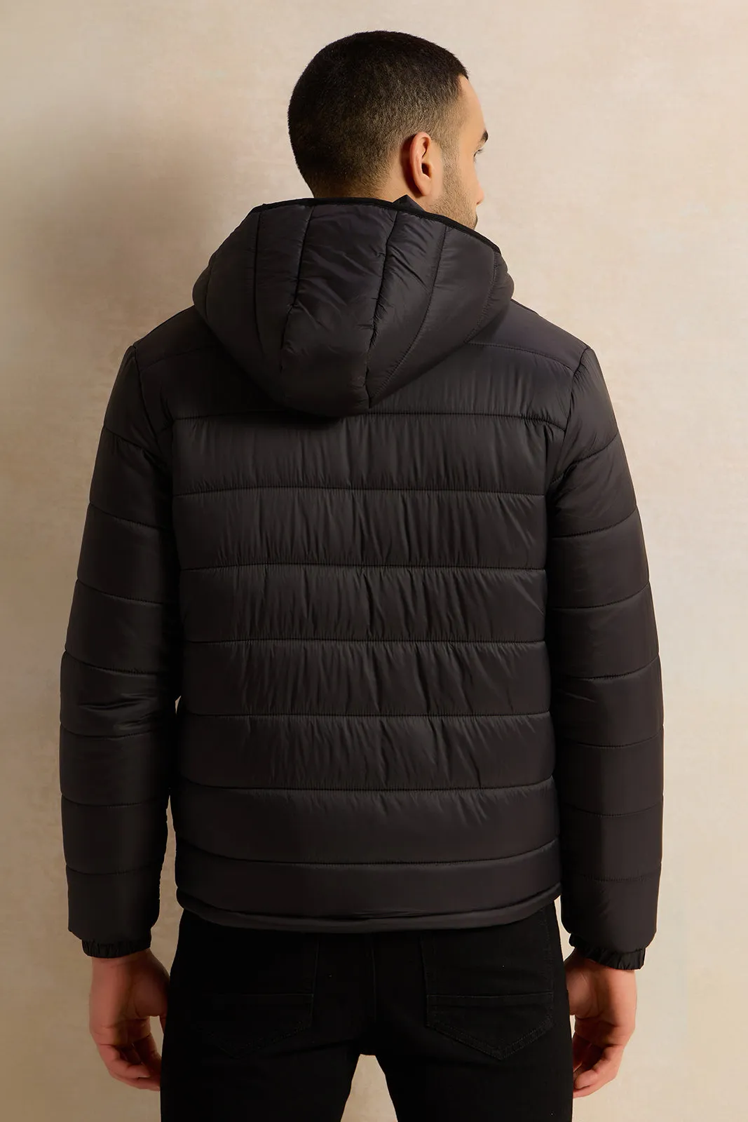 Men Black Long Sleeve Puffer Jacket