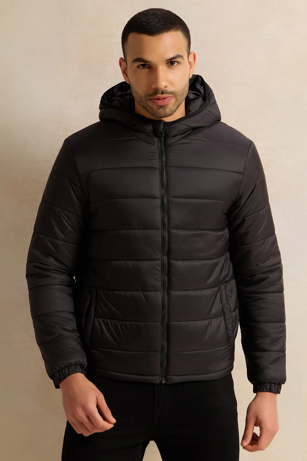 Men Black Long Sleeve Puffer Jacket