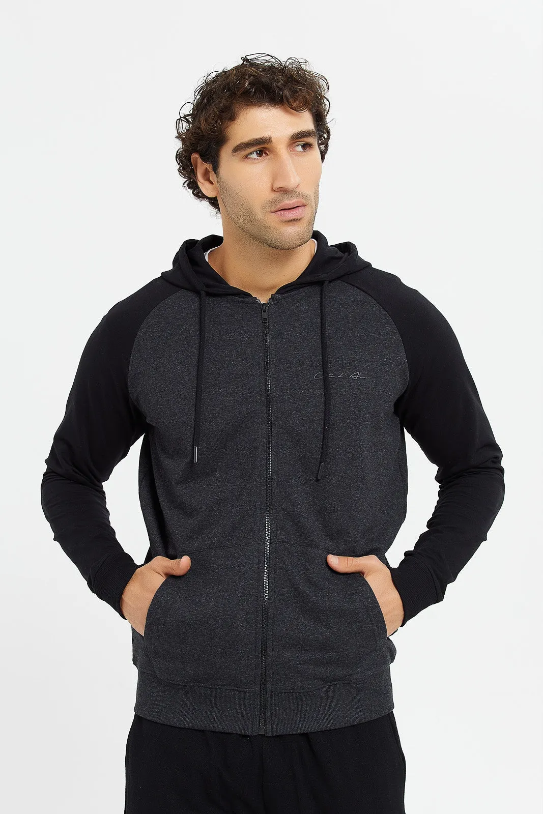 Men Charcoal And Black Raglan Hoodie Sweatshirt