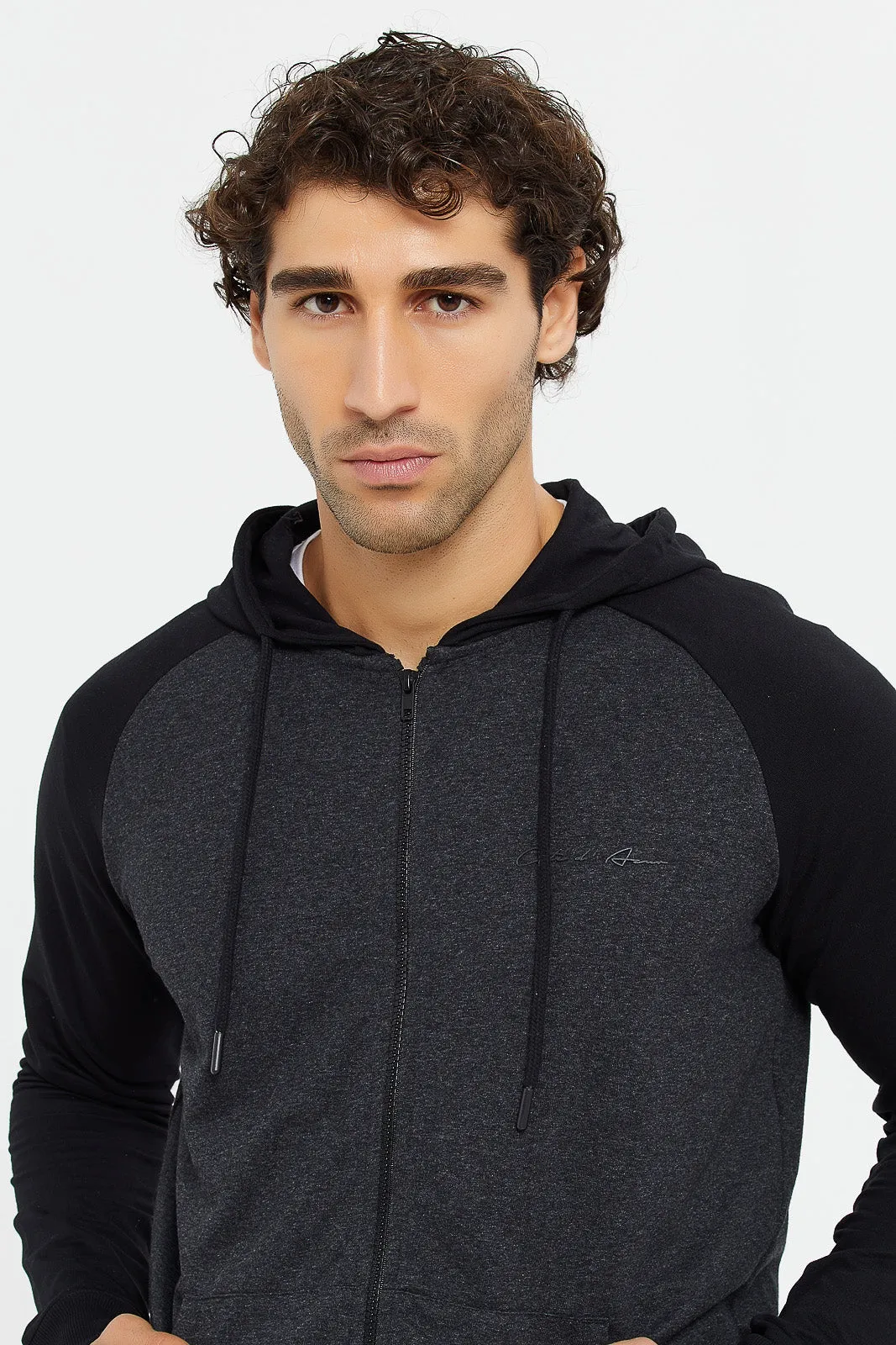 Men Charcoal And Black Raglan Hoodie Sweatshirt