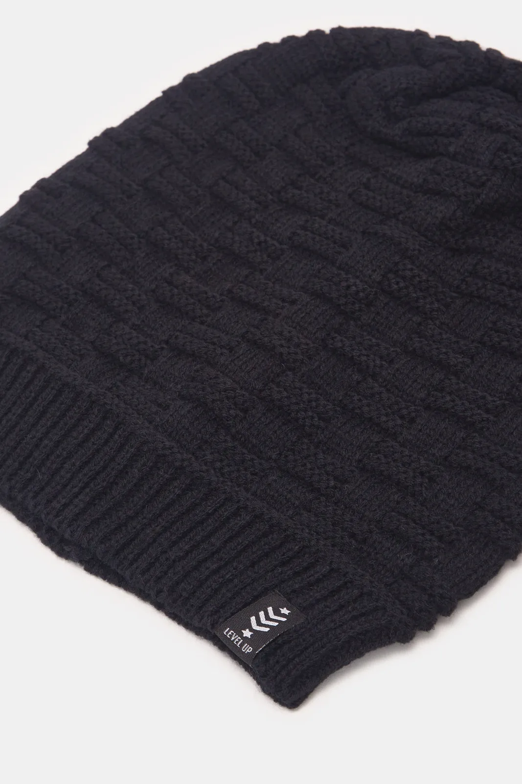 Men Grey And Black Knitted Cap Set (2 Piece)