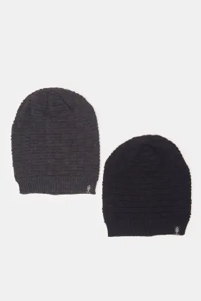 Men Grey And Black Knitted Cap Set (2 Piece)