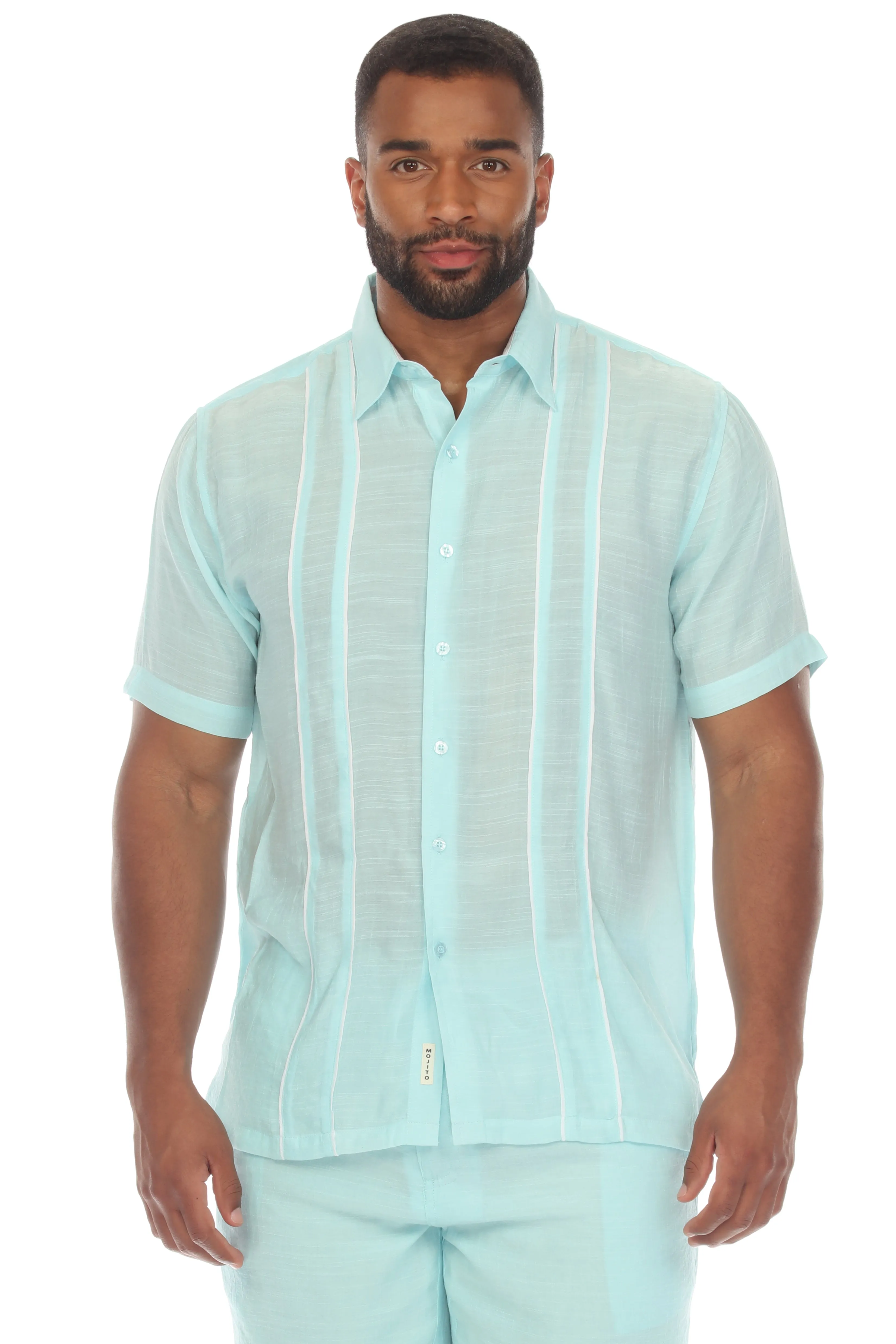 Men's Beach Button Down Shirt Pintuck Trim Contrast Short Sleeve