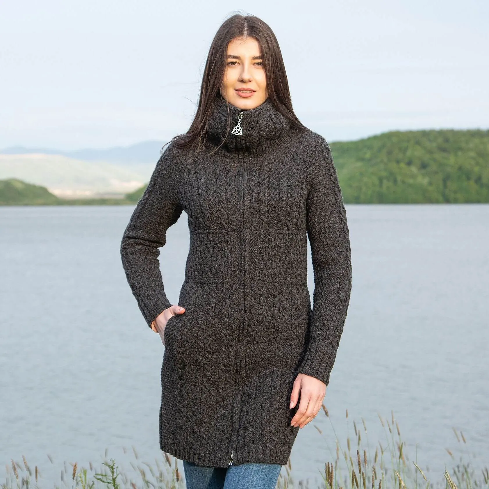 Merino Double Collar Aran Cardigan with Zipper for Ladies