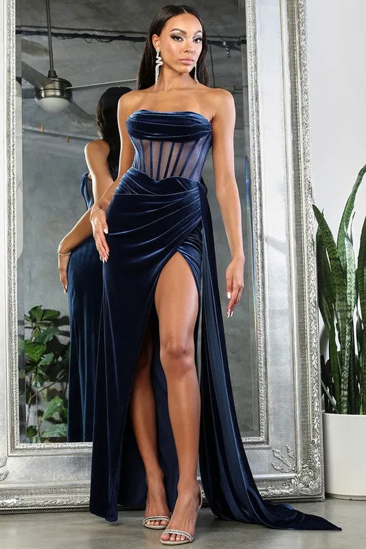 Midnight Blue Strapless Bustier Illusion Top Velvet Dress