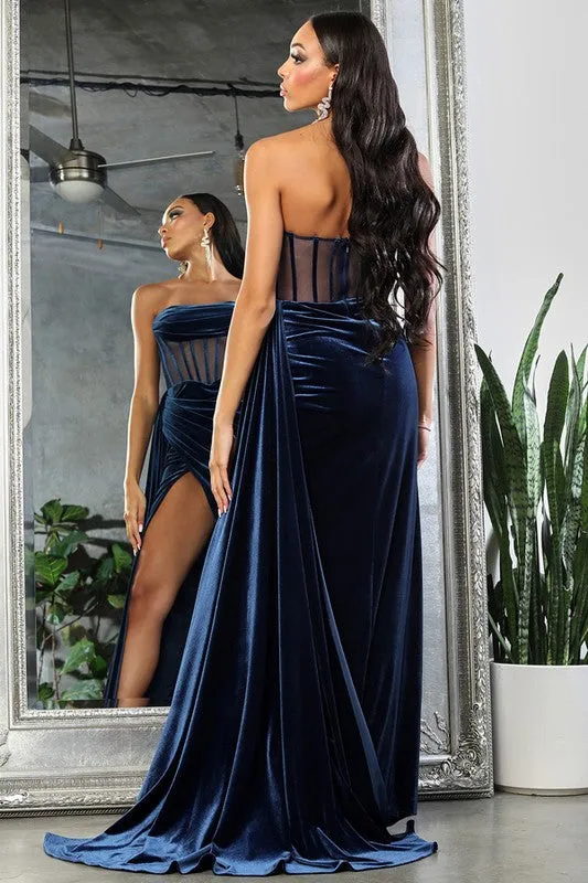 Midnight Blue Strapless Bustier Illusion Top Velvet Dress