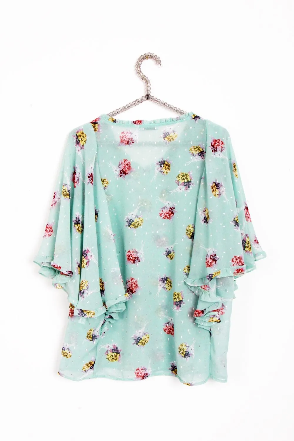 Mint Green Vintage Floral Print Batwing Frill Top