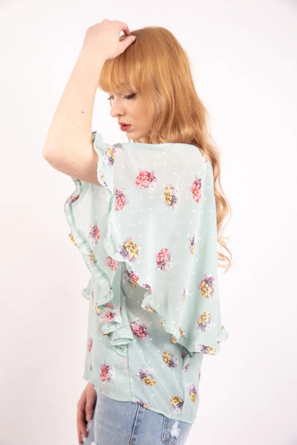 Mint Green Vintage Floral Print Batwing Frill Top