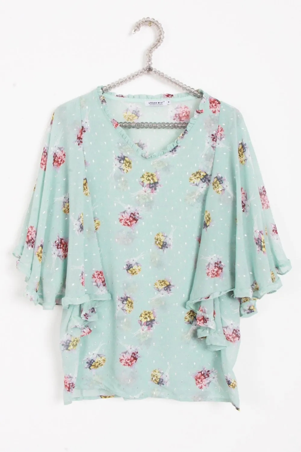 Mint Green Vintage Floral Print Batwing Frill Top