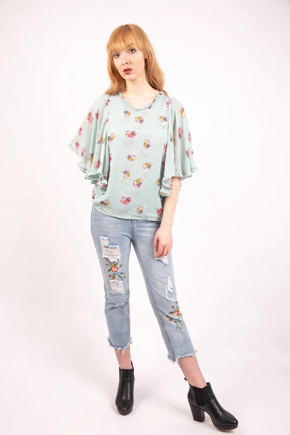 Mint Green Vintage Floral Print Batwing Frill Top