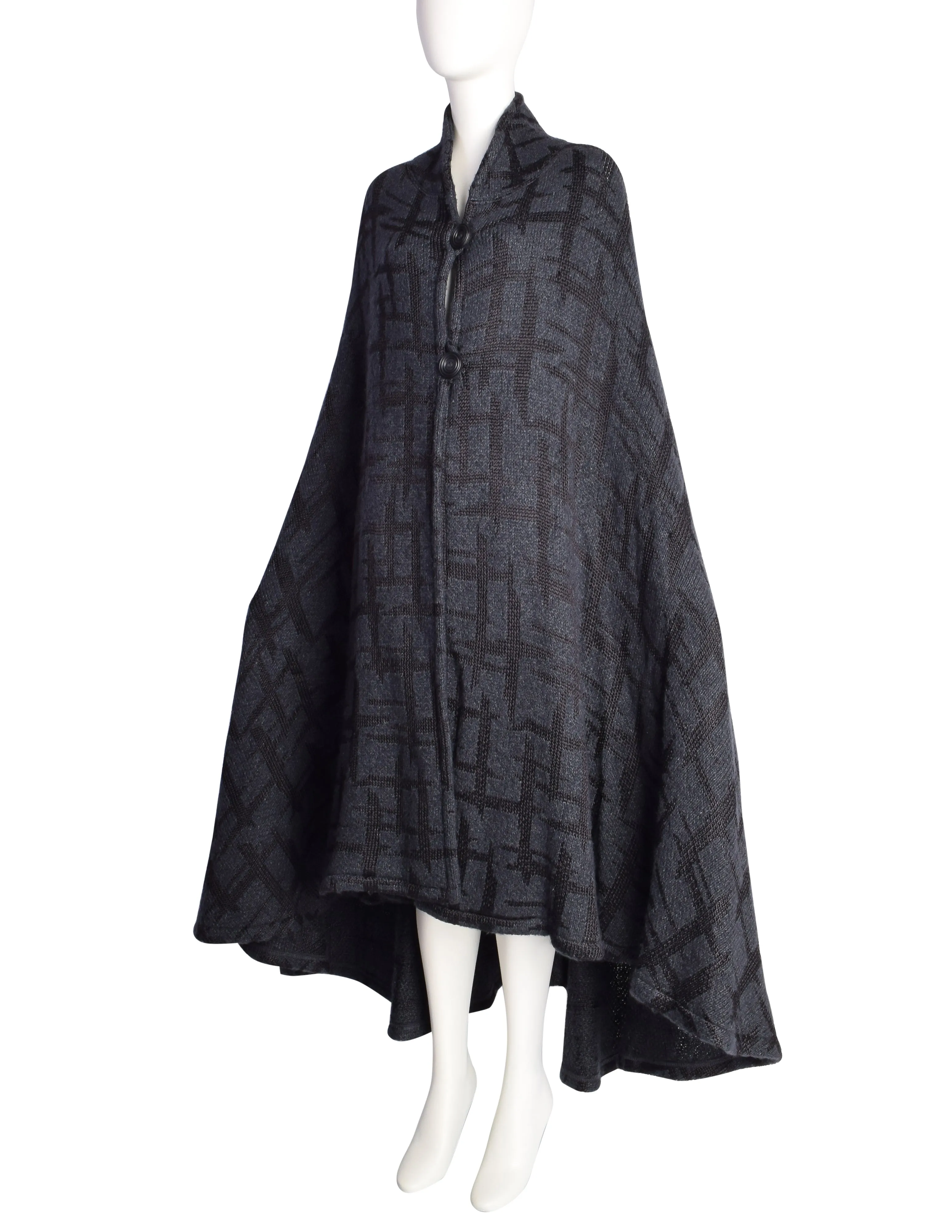 Missoni Vintage 1980s Blue Grey Abstract Intarsia Knit Mohair Silk Full Sweep Cape