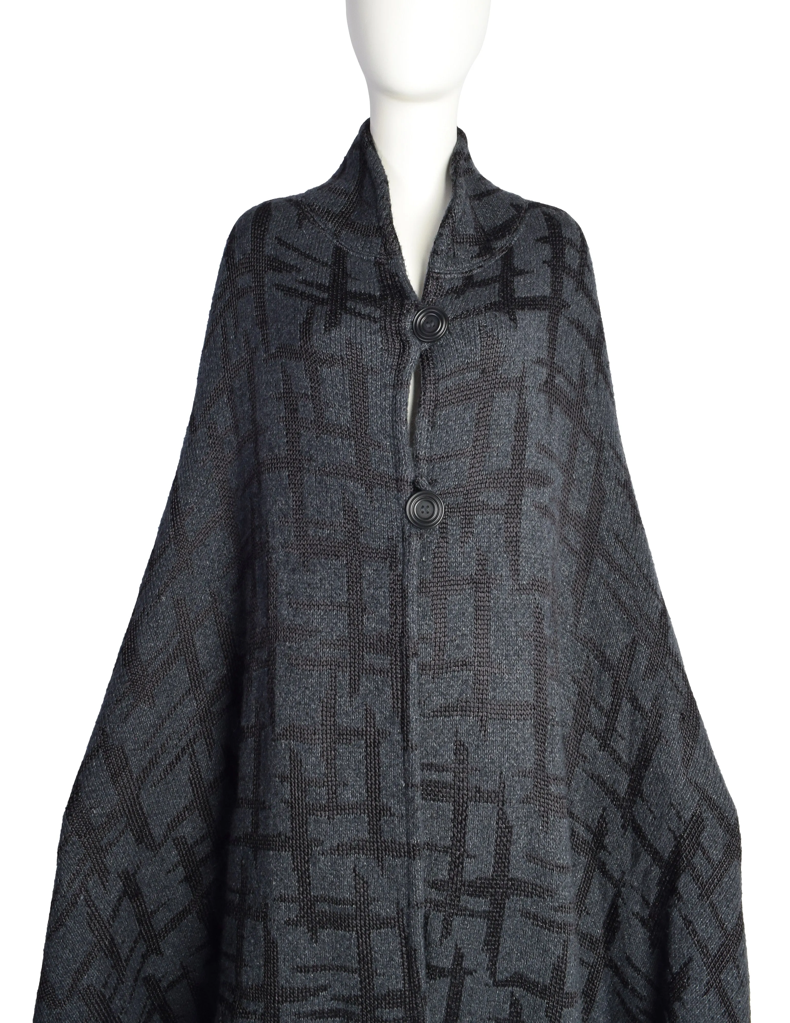 Missoni Vintage 1980s Blue Grey Abstract Intarsia Knit Mohair Silk Full Sweep Cape