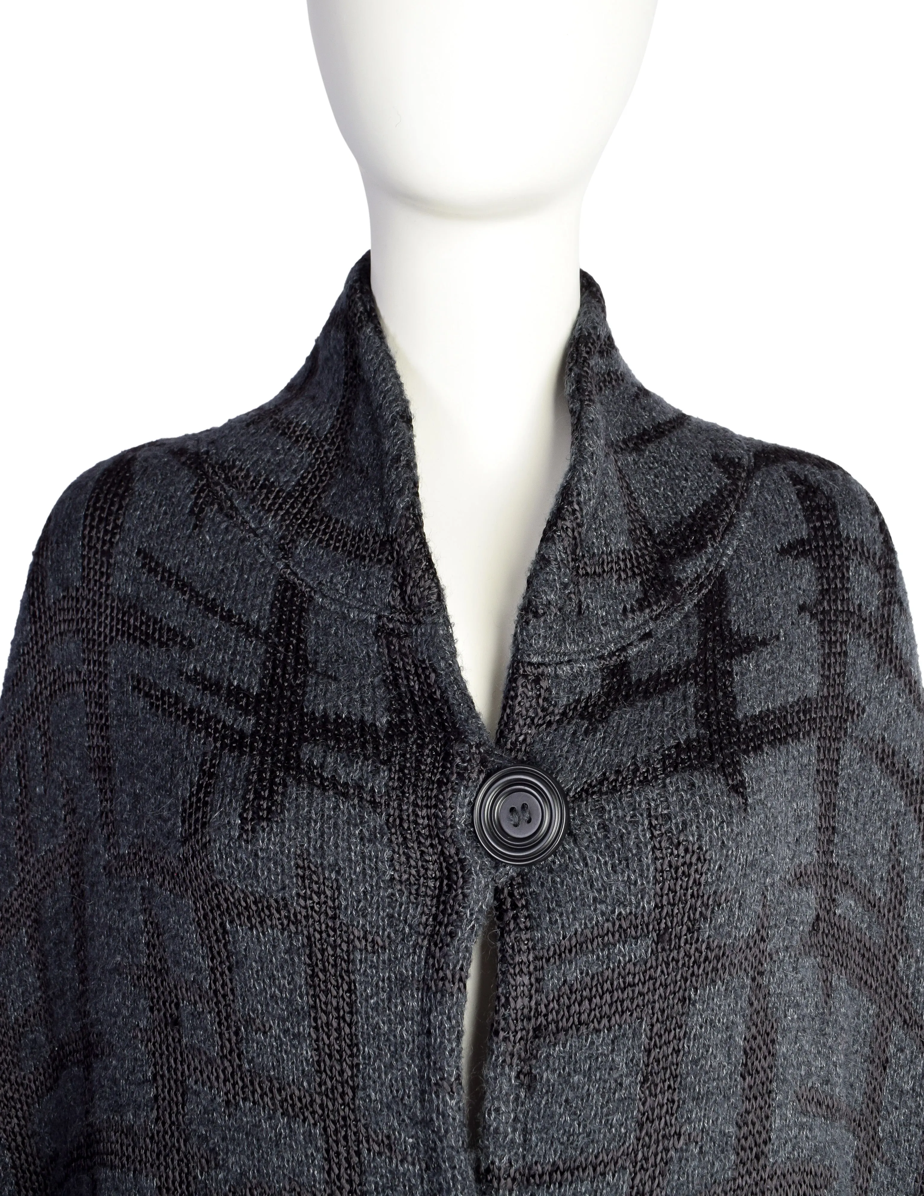 Missoni Vintage 1980s Blue Grey Abstract Intarsia Knit Mohair Silk Full Sweep Cape