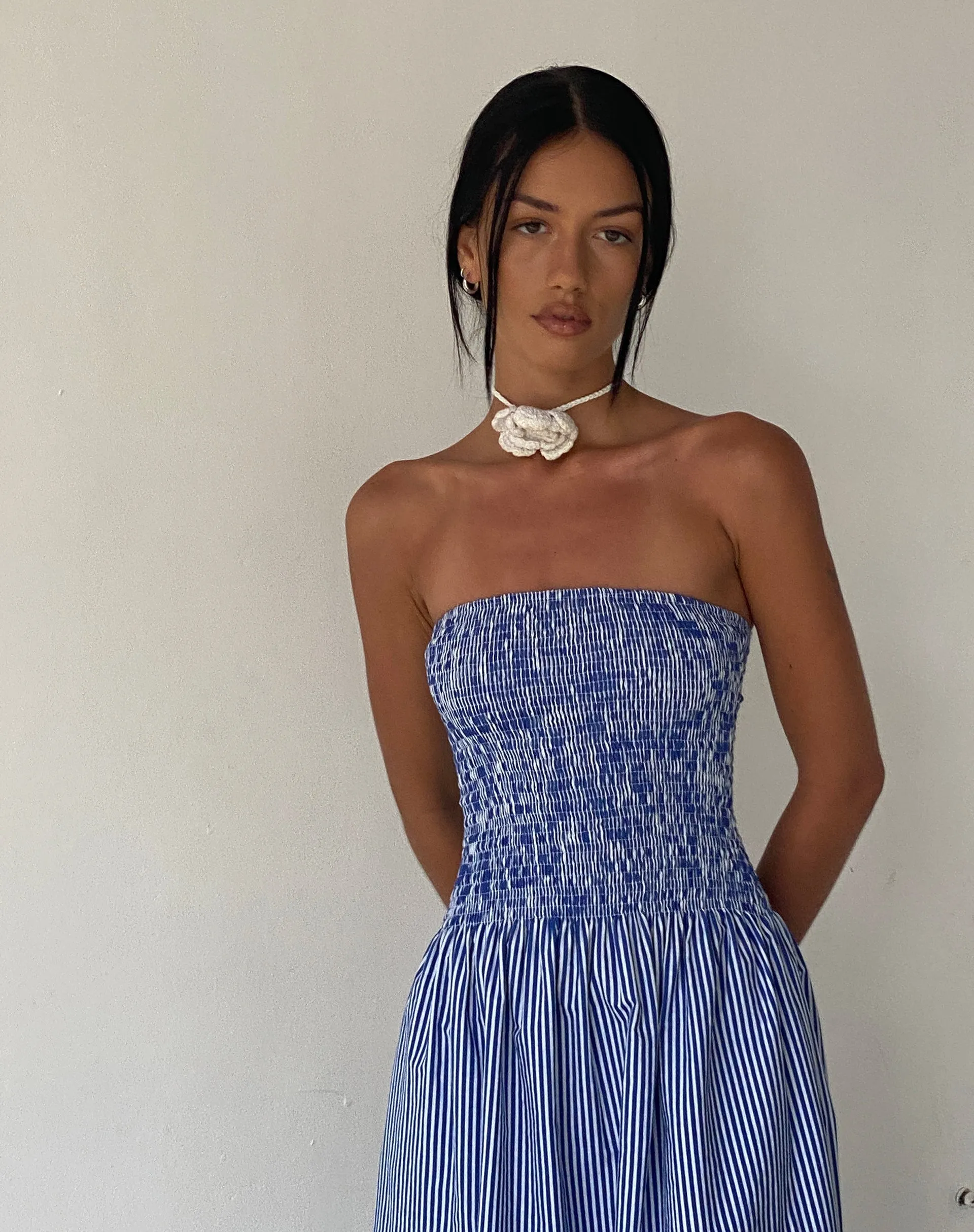 MOTEL X JACQUIE Beleame Bandeau Midaxi Dress in a Blue Striped Poplin