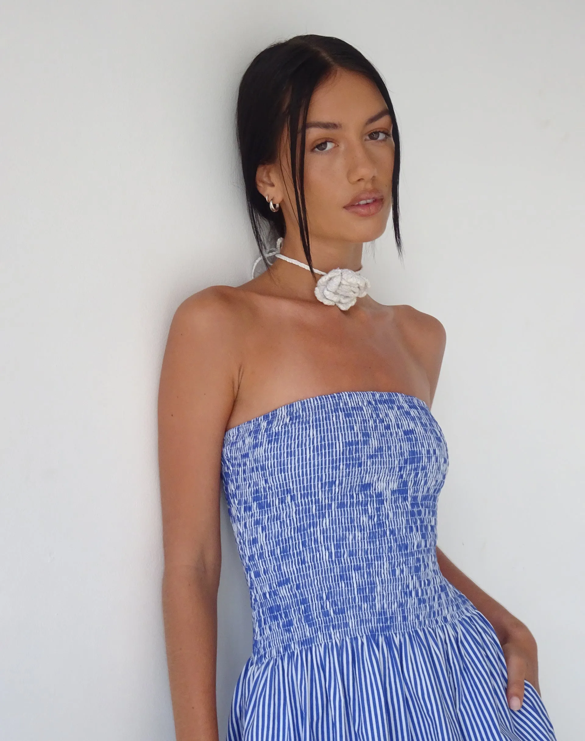 MOTEL X JACQUIE Beleame Bandeau Midaxi Dress in a Blue Striped Poplin