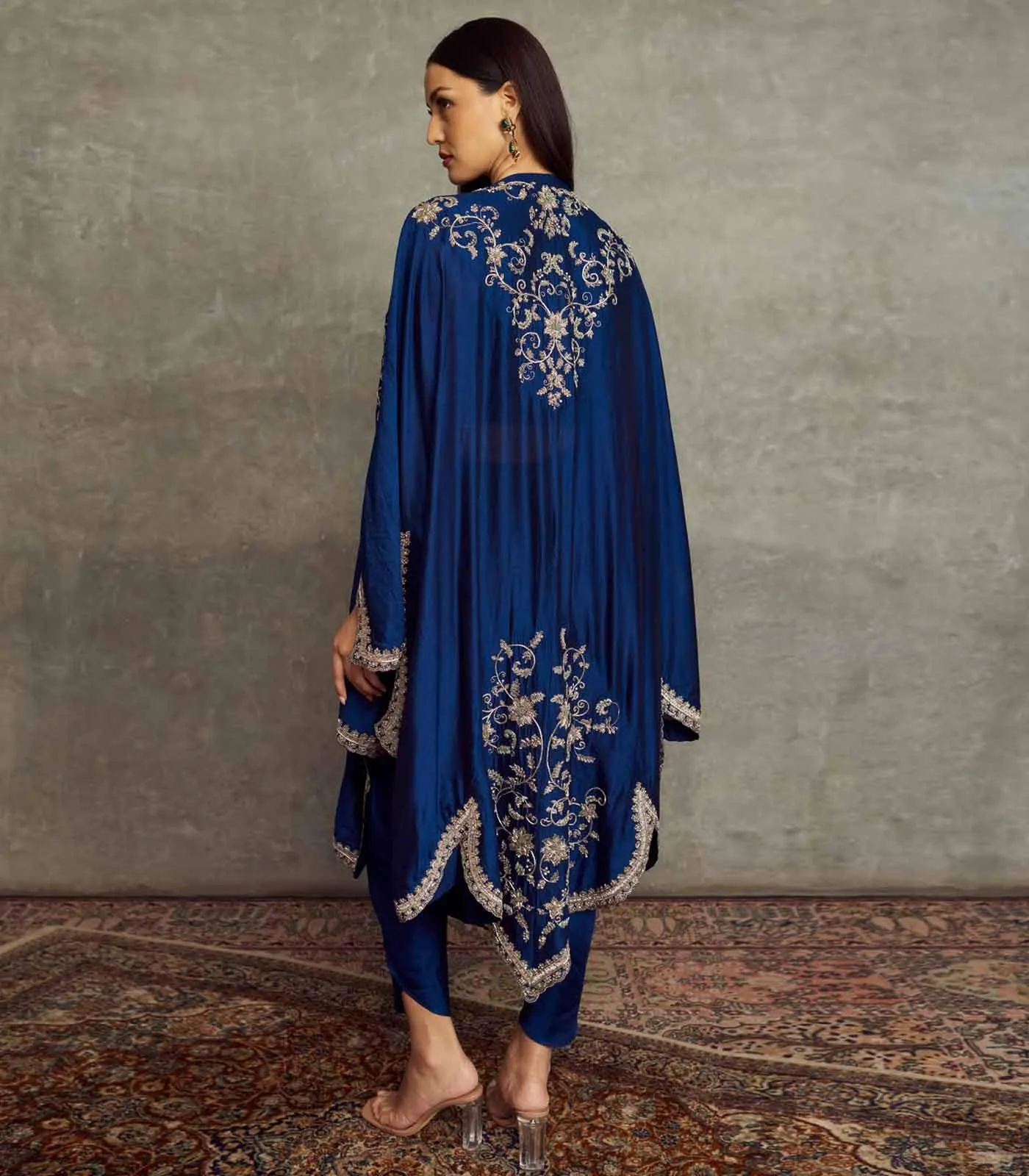 Navy Blue Embroidered Cape Set