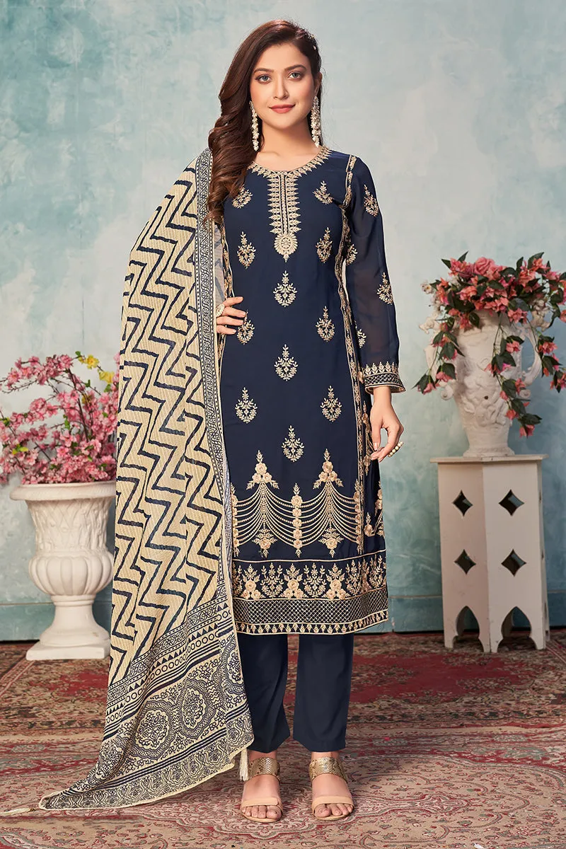 Navy Blue Festival Wear Embroidered Georgette Suit