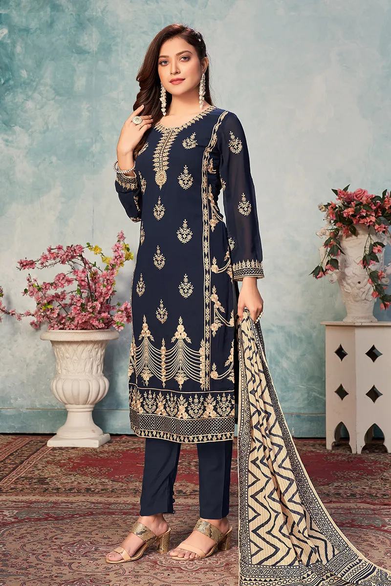 Navy Blue Festival Wear Embroidered Georgette Suit