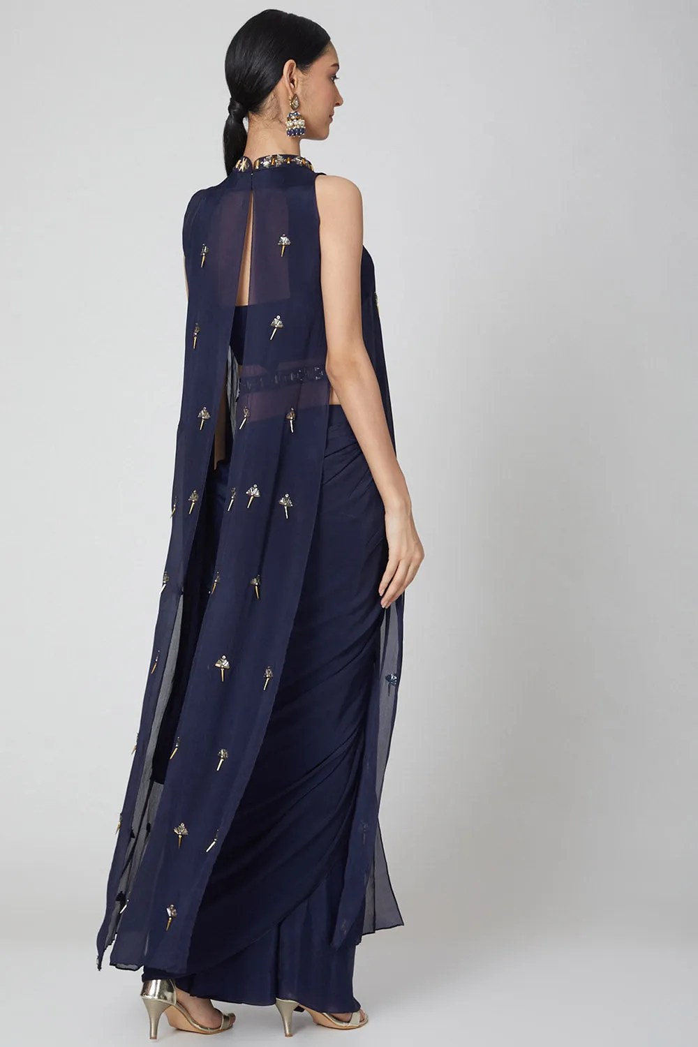 Navy Blue Pre-Stitched Draped Saree Set