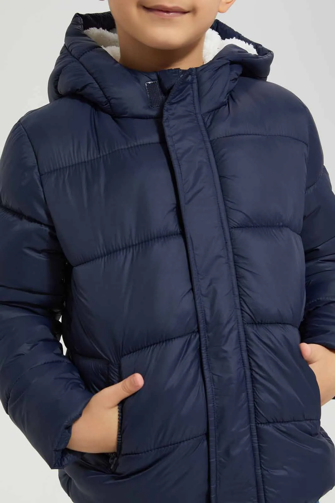 Navy Hooded Puffer Jacket For Boys