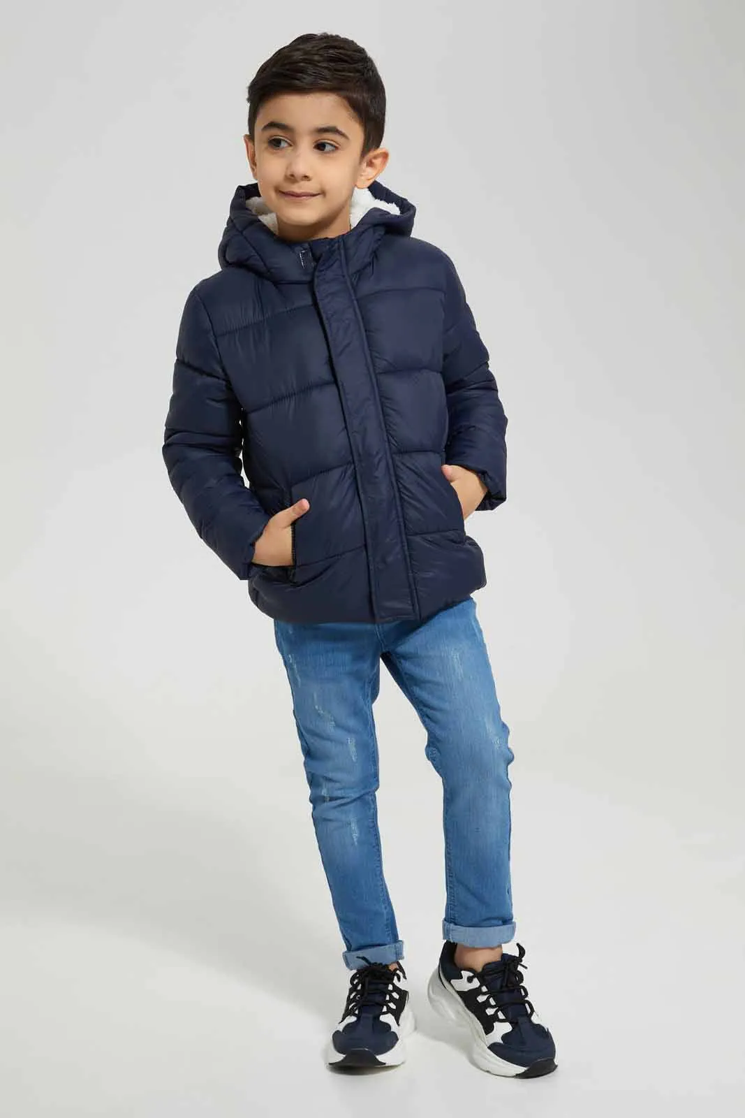 Navy Hooded Puffer Jacket For Boys